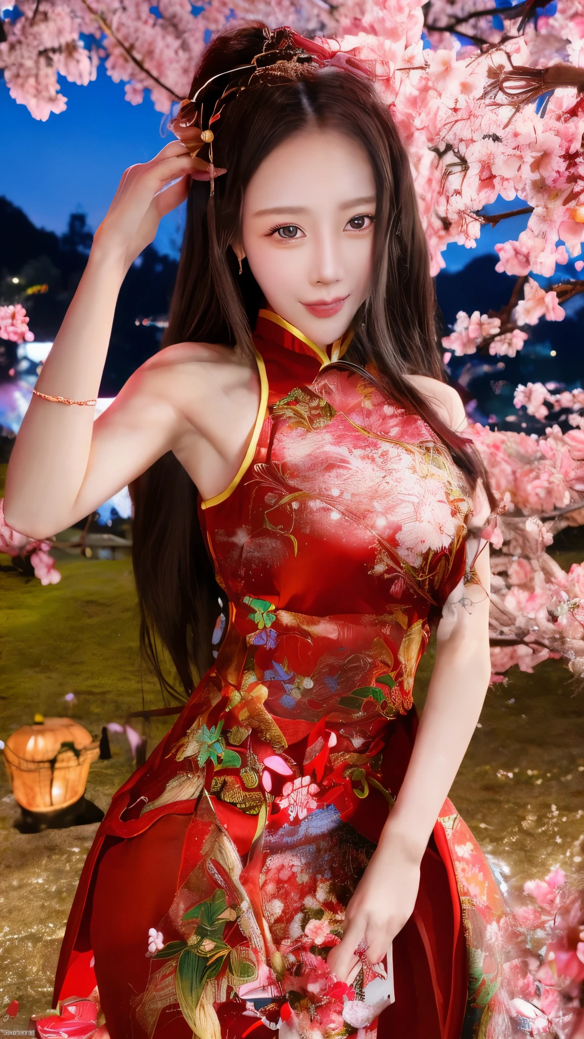 Chinese style,Chinese Year,Spring Festival celebration,red,night view,fireworks,under a sakura tree,a girl,red旗袍,Perfect body,Cherry blossom petals flying,Mountains in the distance,ultra high resolution,Red Lantern,