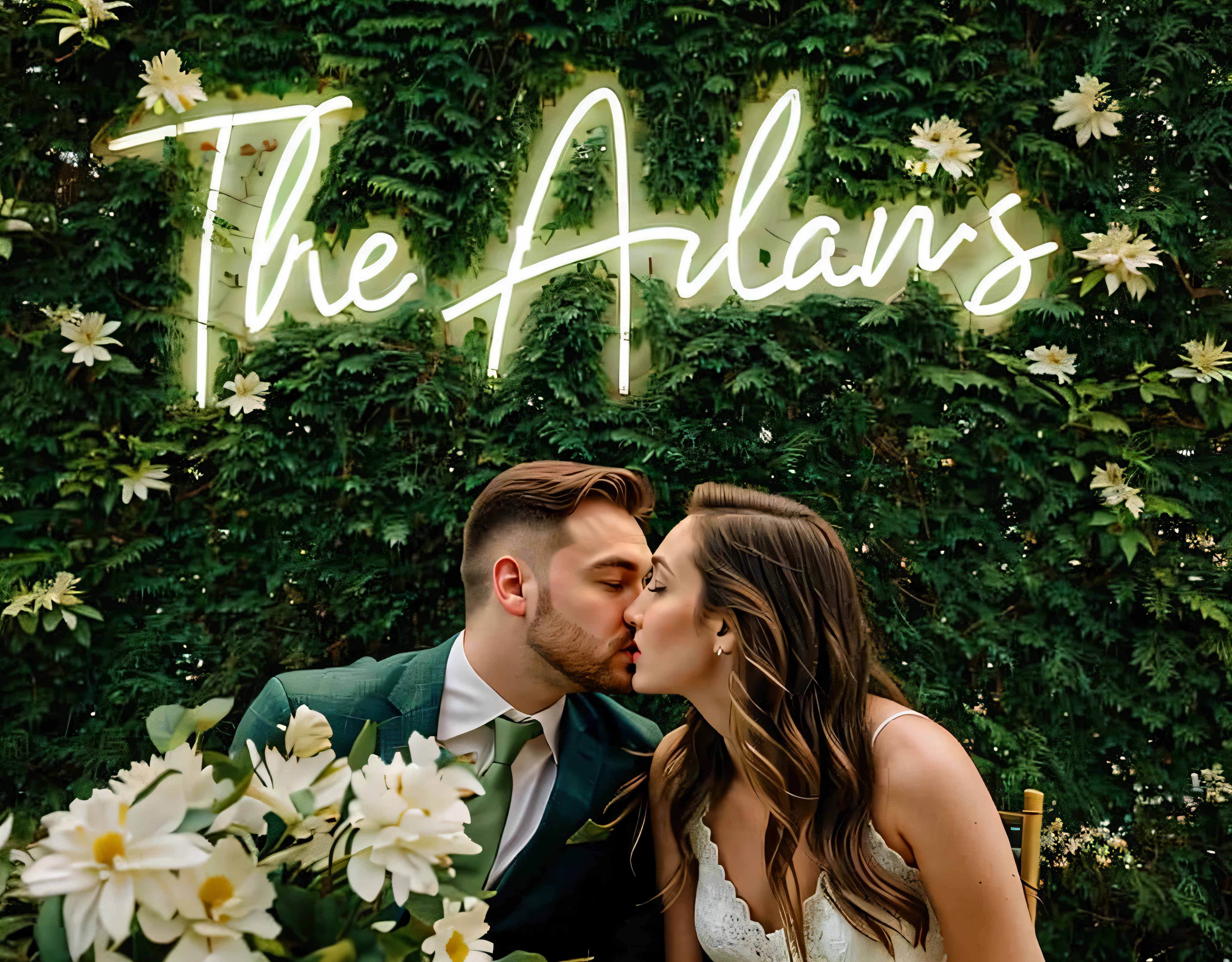 Couple kissing on green wall