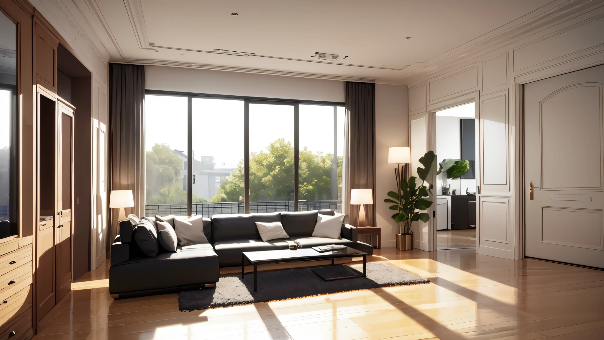 You are a famous interior designer、You have been asked to create a 3D image of a modern large room. Create a harmonious environment with modern and minimalist furniture. Including garden interior.