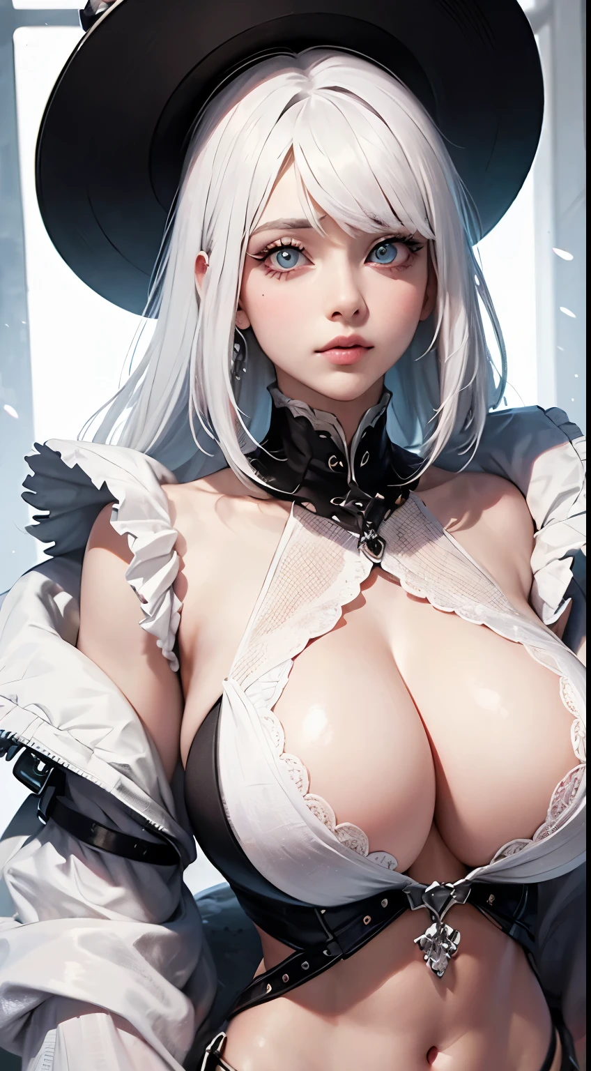 ((huge breasts)), (white hair, Colorful clothes, Look at the camera, big eyes, beautiful pupils), upper part of body, abdominal muscles