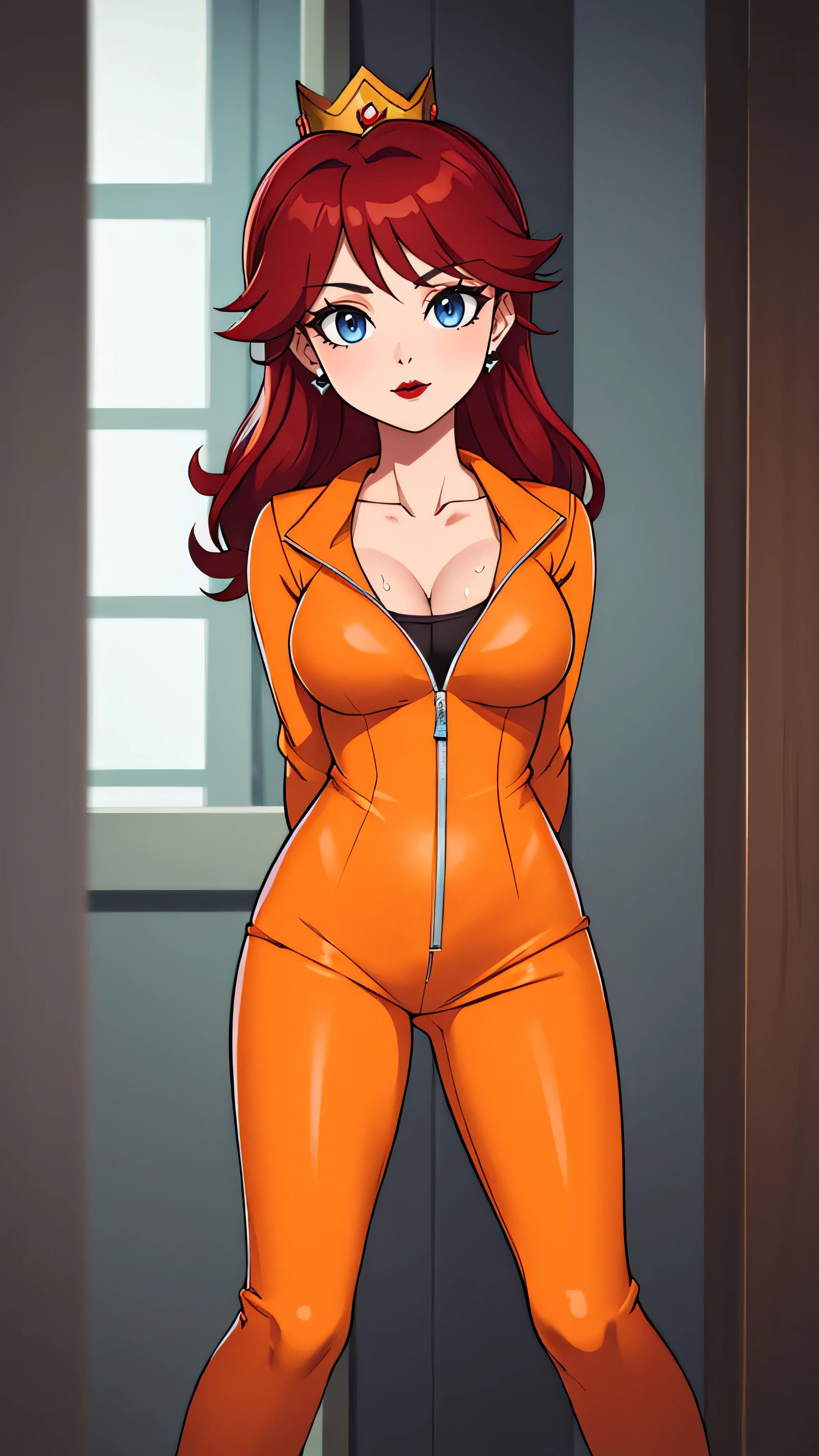 ((high detailed, best quality, 4k, masterpiece, hd:1.3)), ((best quality)), (((HD))), (((8k))), (ultraDH), (ultra HD), Shower_room_background, shower room, Soothing Shower, sunlight through the window, window, wooden room, Princess Daisy, BREAK neon blue eyes, seductive, attractive, sexy smile, smiling, smooth anime cg art, 36C_breasts, cleavage, 36C cleavage, long legs, vivid colors, detailed digital art, slim body, perfect skin, dark red hair, long red hair, dark hair, red hair, long_dark_red_hair_over_breasts, dark_red_hair_over_breast, wet hair, wet red hair, wet_dark_red_hair, wet_dark_red_hair_over_breast, BREAK crown, looking at viewer, BREAK looking at viewer, extremely detailed face, (orange and white jumpsuit), (Jumpsuit:1.5), (orange and white racing suit), (racing suit:1.5), (orange high heels), no bra, no underwear, full body, earrings, gem, dark gothic eyeshadows, dark eyeshadows, black eyeshadows, black_sexy_lips, black lips, dark lips, gothic painted lips, dark_black_lips, very dark lips, black_painted_lips, (very thin lips), thin lips, detailed lips, (dark:1.2), (perfect hands, perfect anatomy), black makeup, detailed fingers, five fingers per hand, 5 fingers, (1 girl), (solo:1.3), (breast focus), (breasts out:1.3), (arms behind back:1.3),