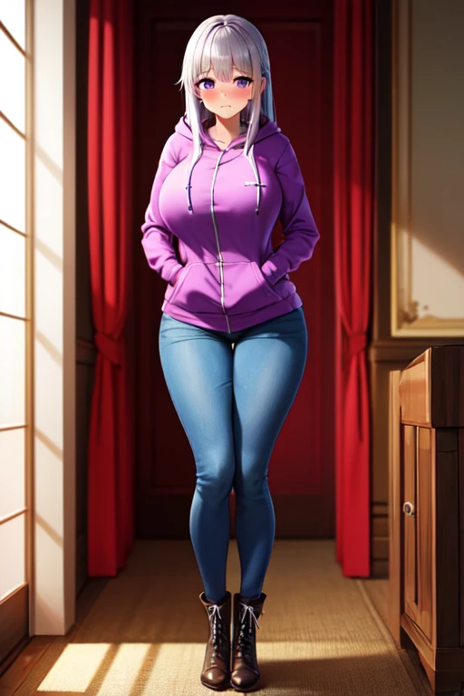 5 foot 5 inch Anime girl wearing a purple shirt under a red zip up hoodie, blue jeans, and knee high lace up boots with round toes, Large breasts, thick thighs, cute, full body image, silver long hair, purple eyes, quality images, (high quality faces), living room, standing, blushing and embarrassed