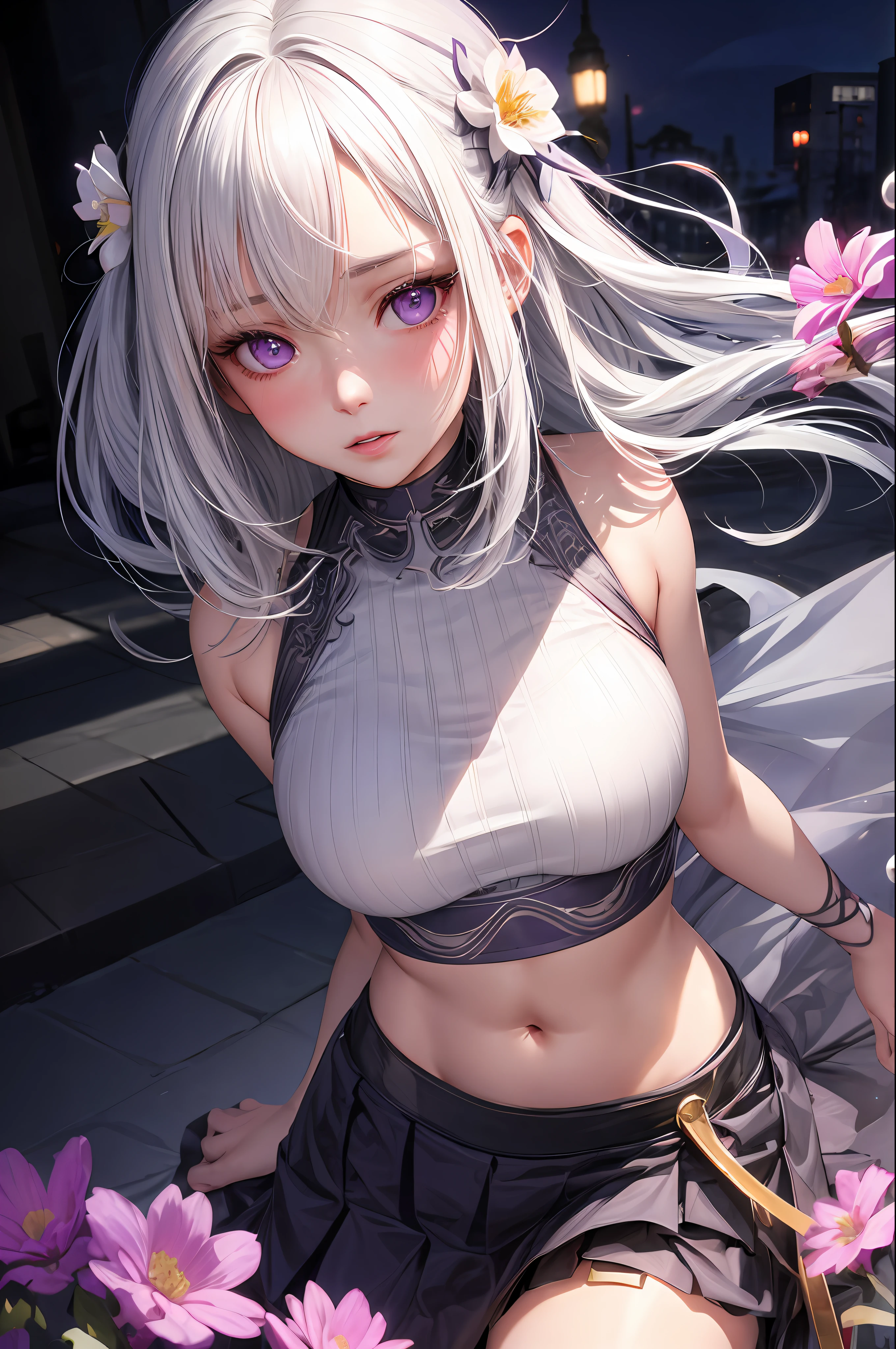 Anime demon girl, large breasts, topless, bottomless, cherry blossoms floating in the air, colorful illustration, ultra-detailed, realistic, vivid colors, portraits, soft pastel tones, ethereal lighting, 8k, top quality, glowing shiny eyes, silver hair, black horns, devil horns, dark purple eyes