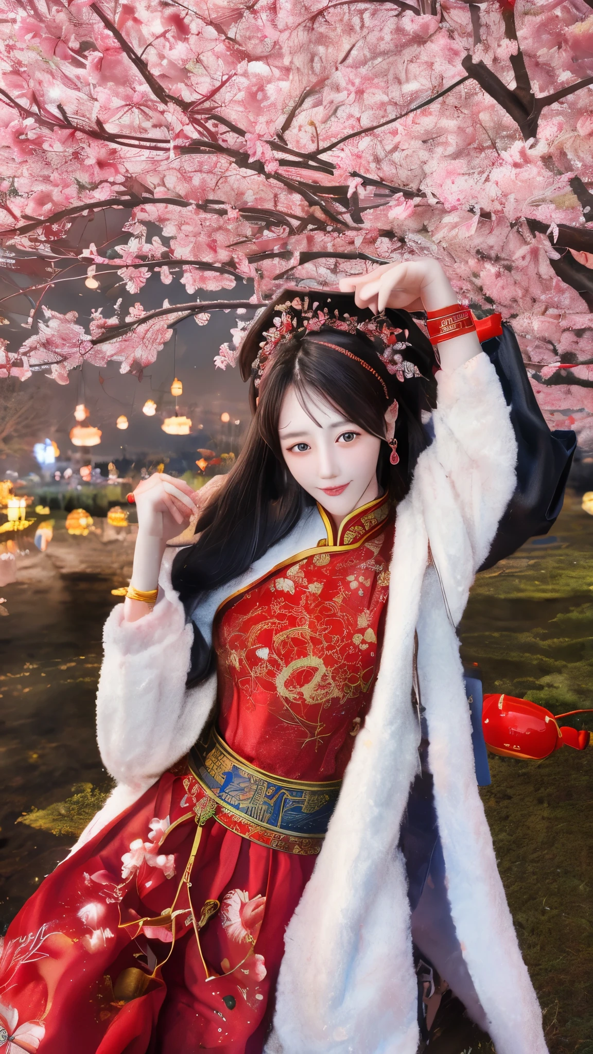 ((masterpiece)),((best quality)),((high detail)),((actual,)) ((Super detailed)) Chinese style,Chinese Year,Spring Festival celebration,red,night view,fireworks,under a sakura tree,a girl,red旗袍,Perfect body,Cherry blossom petals flying,Mountains in the distance,ultra high resolution,Red Lantern,