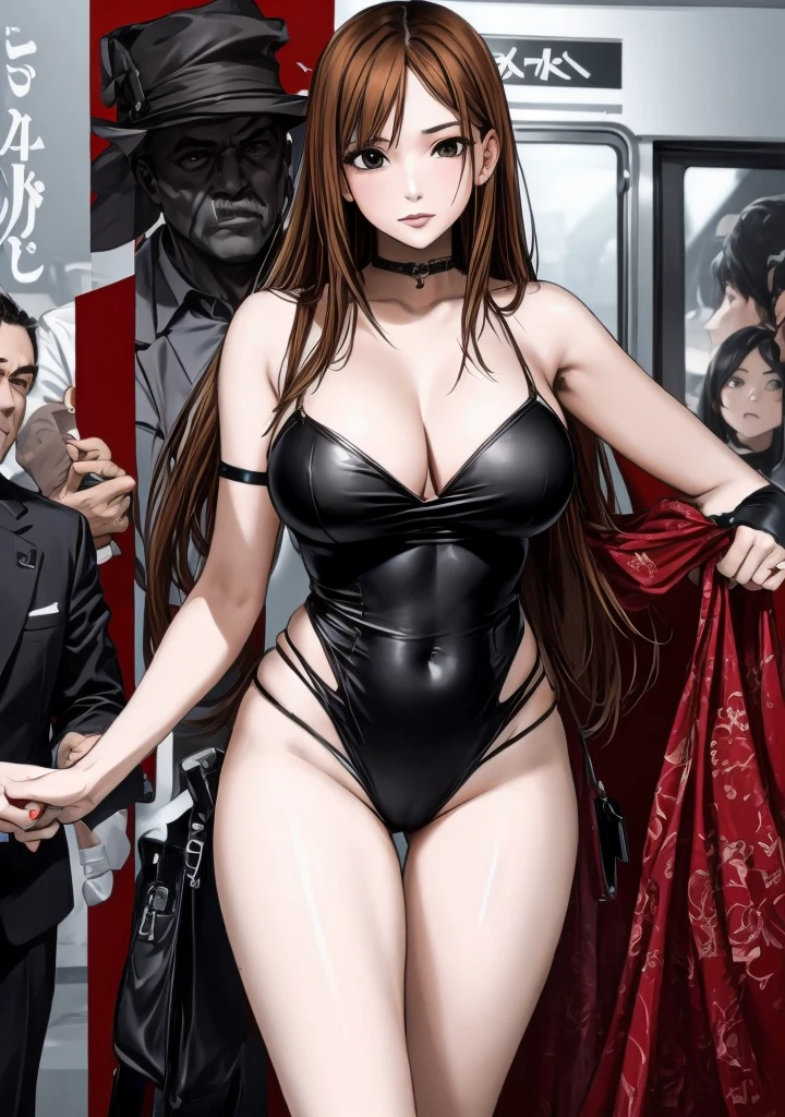 A beautiful adult woman with shoulder-length big breasts, beautiful legs, and a sharp face is standing with middle-aged men in suits on a crowded train wearing a black tube top that exposes her navel and hot pants shaped like black panties.。I'm trying to color a middle-aged man。
