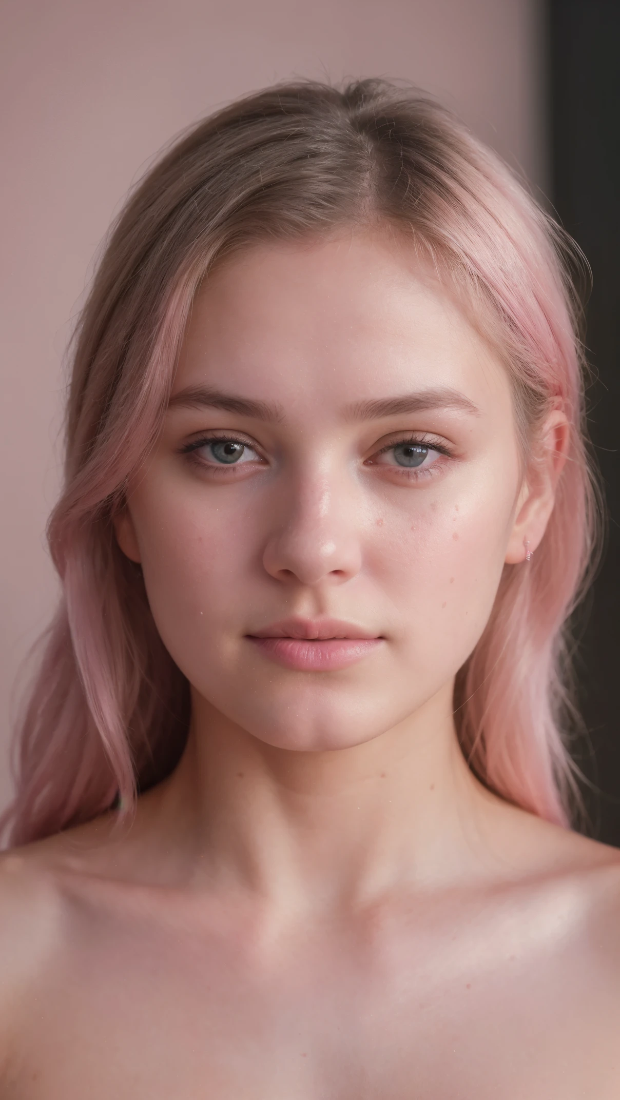 25 years old girl, green eyes, nose pierced, posing in a club, white, white shirt on, small boobs, long legs, realistic, ready to fight, courage, real, photoshoot, luminescent, posing, looking at the viewer, smiling, pink hair in a ponytail, pretty young face, (cinematic: 1.3), intricate details,(dynamic pose:1) (ArtStation: 1.2), (portrait:1.4) skin spots, (freckles: 0.9), detailed eyes, micro-details