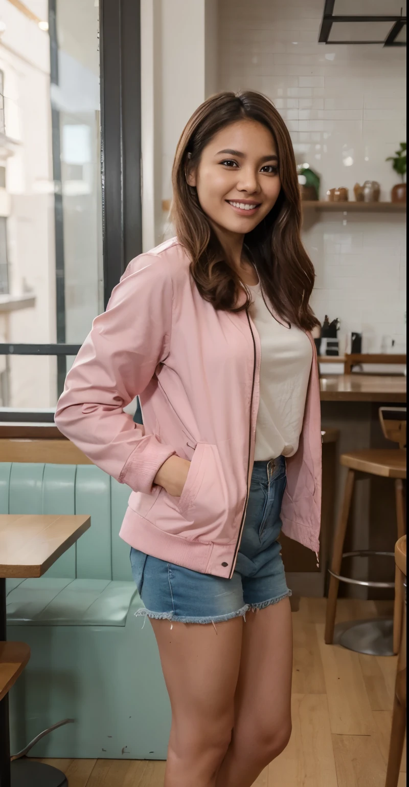 Masterpiece, cute girl, 29 year old, headshot, brown skin, Filipina, Brown hair, standing, full body, Highest quality, Ultra realistic, Instagram picture, smile, in a cafe, wearing a pink jacket