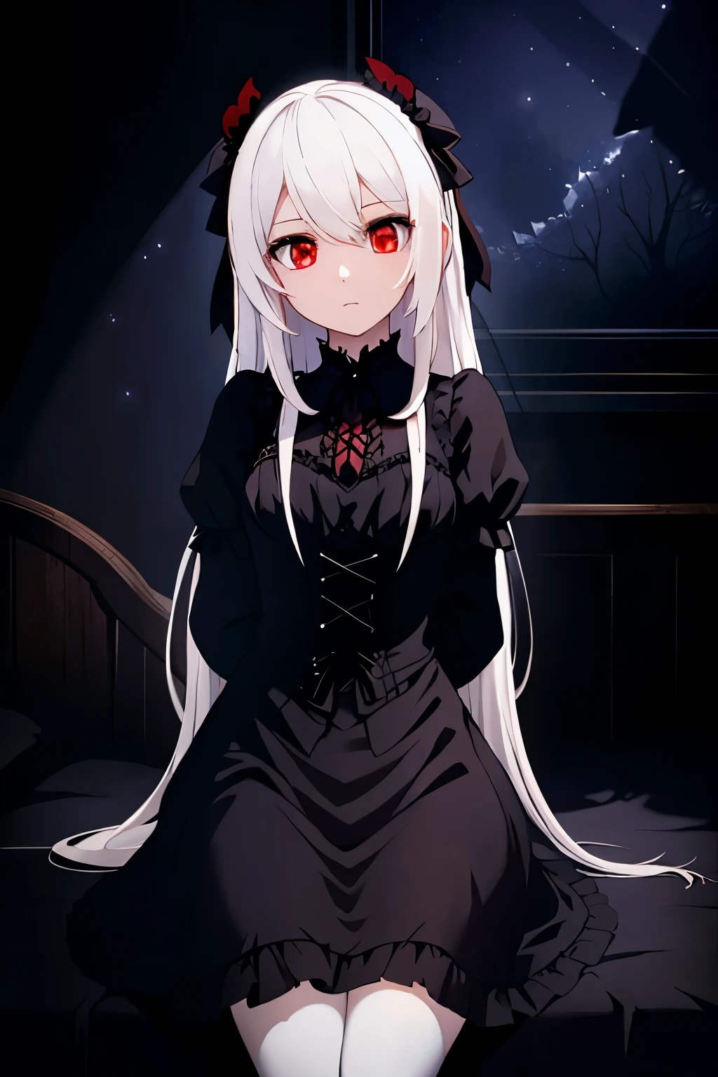 (masterpiece), (((highest quality)), (super detailed), 1 girl, ((red eyes)), detailed eyes, (((white hair))), long hair, gothic clothes, black dress, frills, white stockings, ((night)), indoors, ((dark room)), ((dark)), bed, arms behind back, looking_at_viewer, Top Quality, Rich Detail, Perfect Image Quality, calm, dark lighting, moon, stars, gothic, black hair ribbons, ((shadows)), high contrast, moonlight