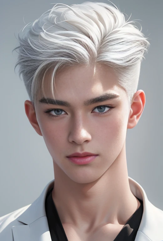 ((High quality)), ((masterpiece)), ((highly detailed)), perfect face, realistic, ((man)), ((Asian)), white hair, comma hair cut style, ((handsome)), detailed eyes, beautiful detailed nose, realistic body, realistic light, comfortable expressions, cute guy, sweat guy, cool guy, ((athletic body))