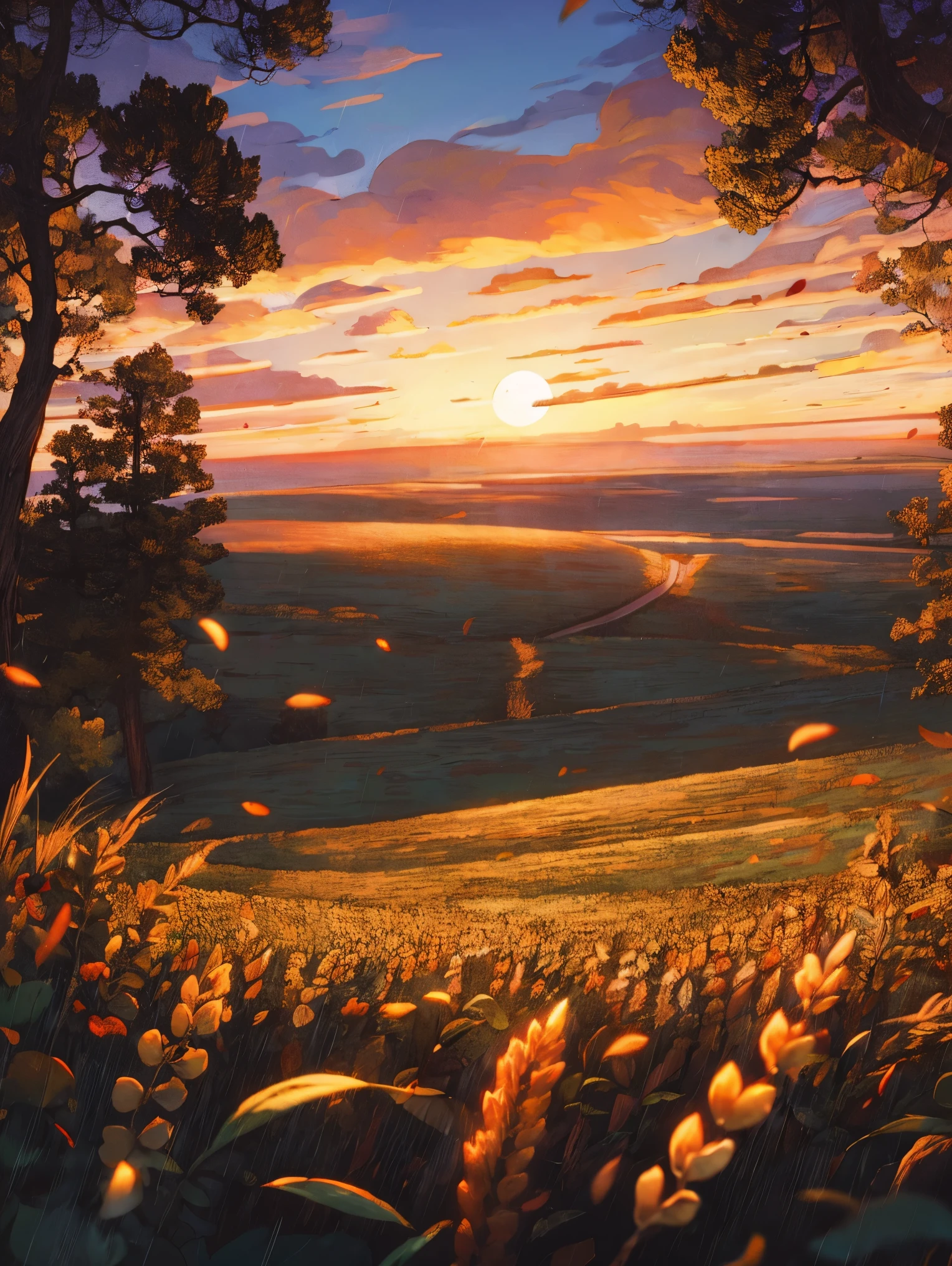 a summer landscape, wheat field, oapavers, in the background the Euganean hills, sunset, in the foreground fireflies and ladybugs,