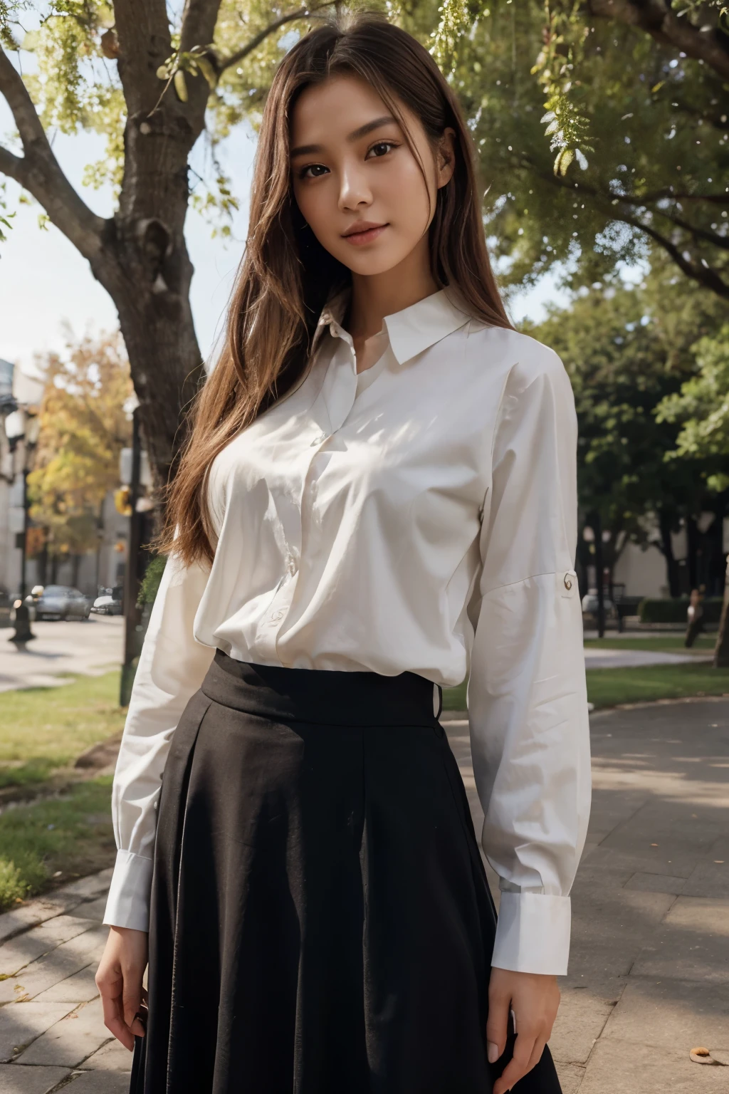 top-quality、​masterpiece、超A high resolution、(realisitic:1.4)、Beautuful Women１、Beautiful detail eyes and skin、smile、Light brown hair, She is Wearing a long shirt posing for a photo,  gorgeous chinese model, photo of slim girl model, IG-Modell, beautiful female model,  on the park, long shirt, long skirt, black suit