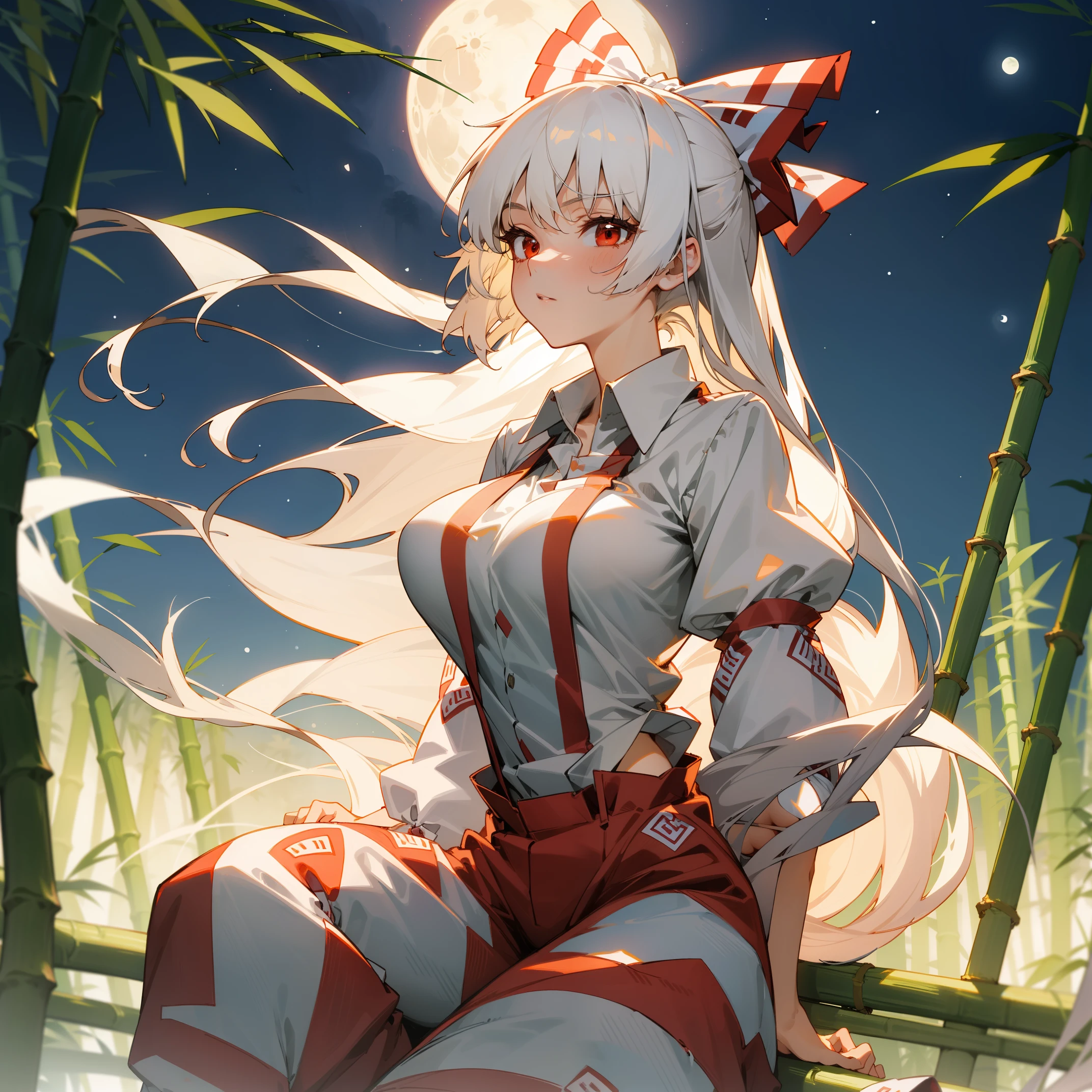 Fujiwara no Mokou(from Touhou) in bamboo forest. She has big tits. She has white hair, red eyes. She's wearing a white shirt, sit, night, hair ribbons, moon, perfect anatomy, moon
