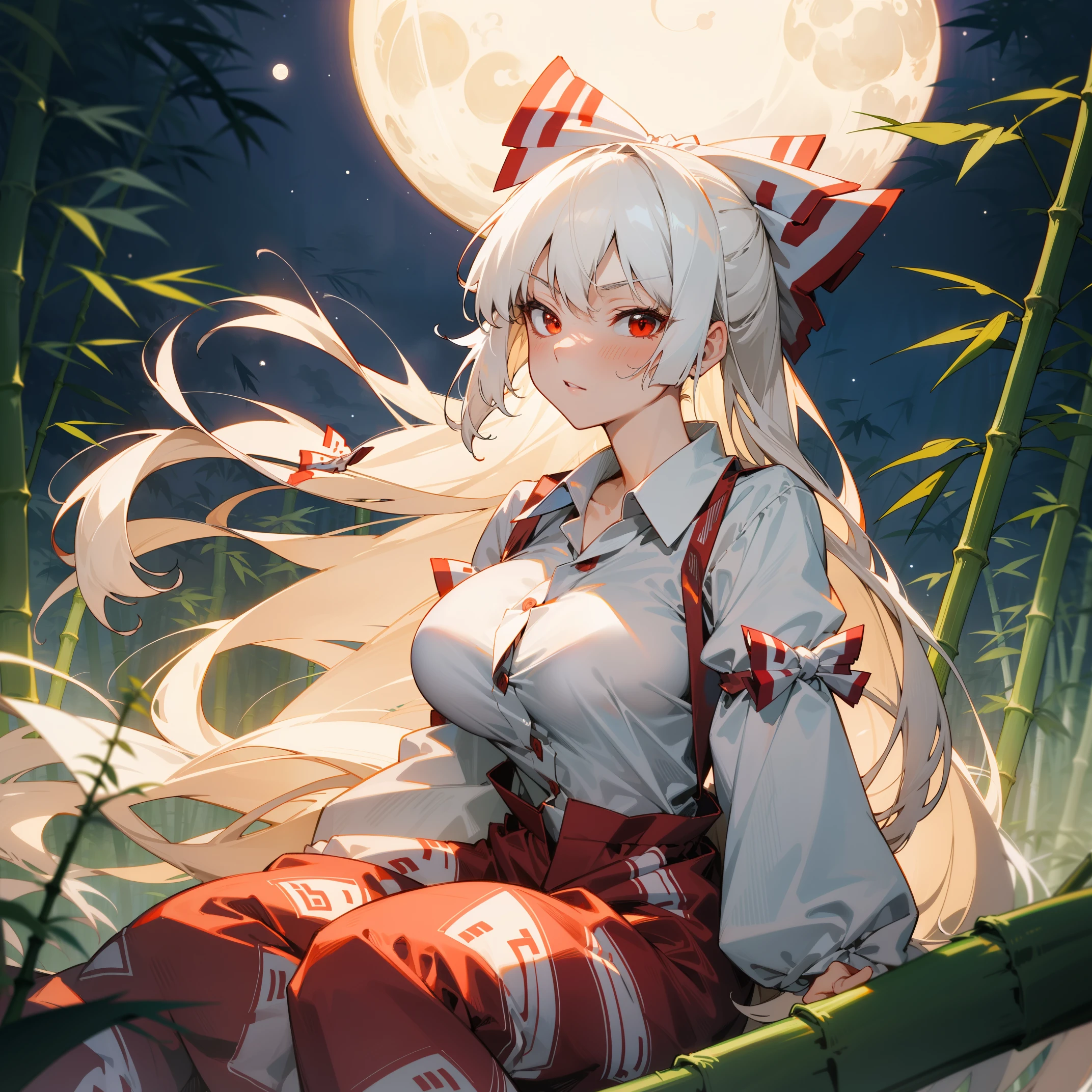 Fujiwara no Mokou(from Touhou) in bamboo forest. She has big tits. She has white hair, red eyes. She's wearing a white shirt, sit, night, hair ribbons, moon, perfect anatomy, moon
