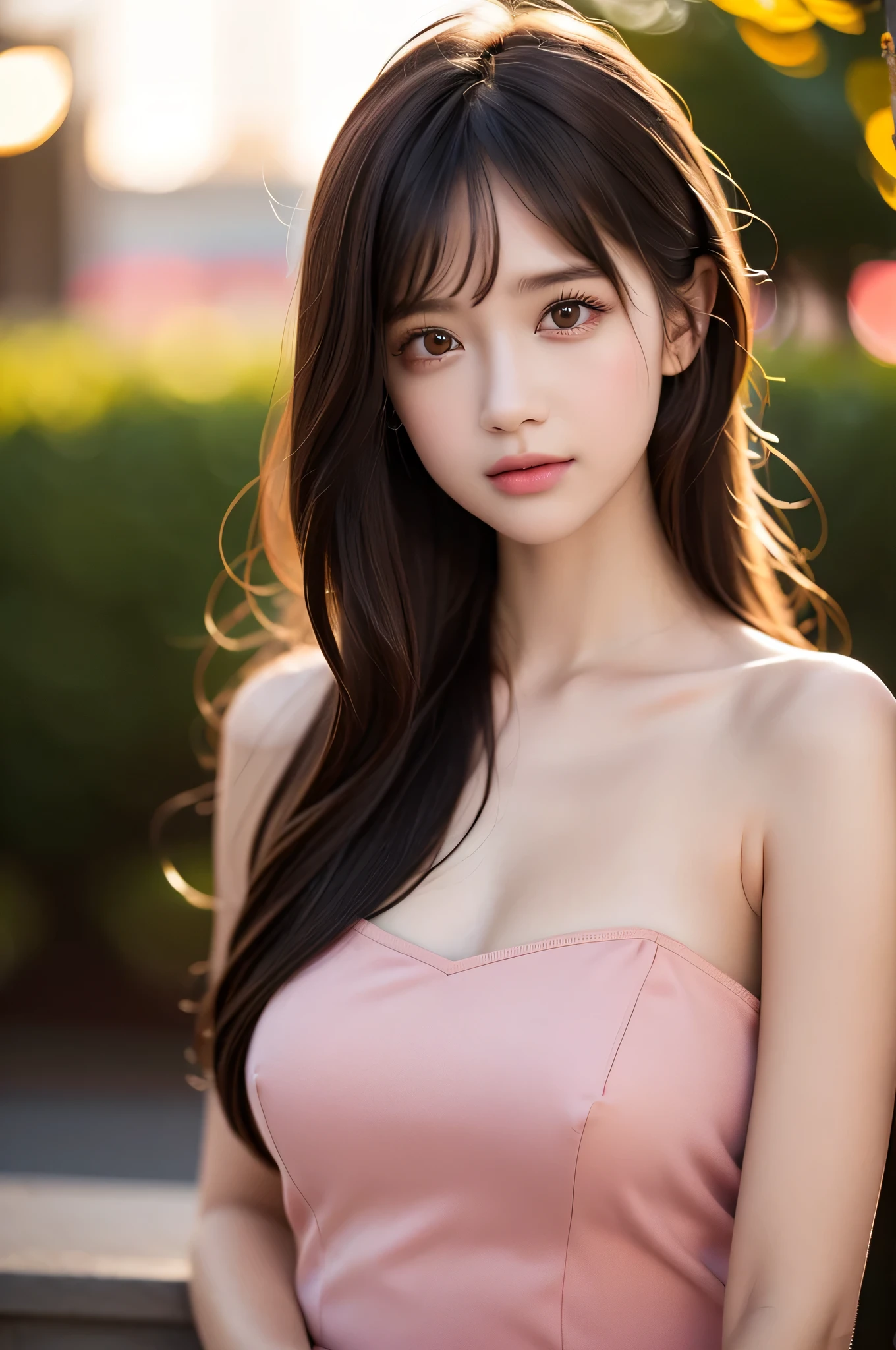 (best quality), (ultra-detailed), (llustration), (detailed light), (an extremely delicate and beautiful), ung girl, brown hair, brown eyes, model, bare shoulders, best quality, extremely detailed CG unified 8k wallpaper, High-definition raw color photos, professional photograpy, (((Bokeh))), depth of fields, twilight, sunset,