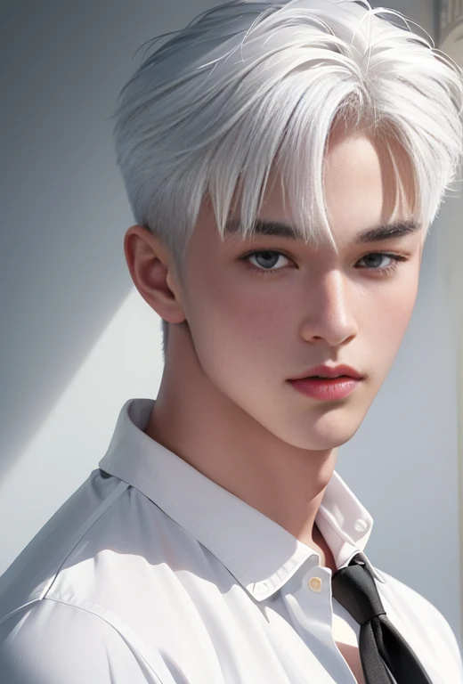((High quality)), ((masterpiece)), ((highly detailed)), perfect face, realistic, ((man)), ((Asian)), white hair, comma hair cut style, ((handsome)), detailed eyes, beautiful detailed nose, realistic body, realistic light, comfortable expressions, cute guy, sweat guy, cool guy, ((athletic body))