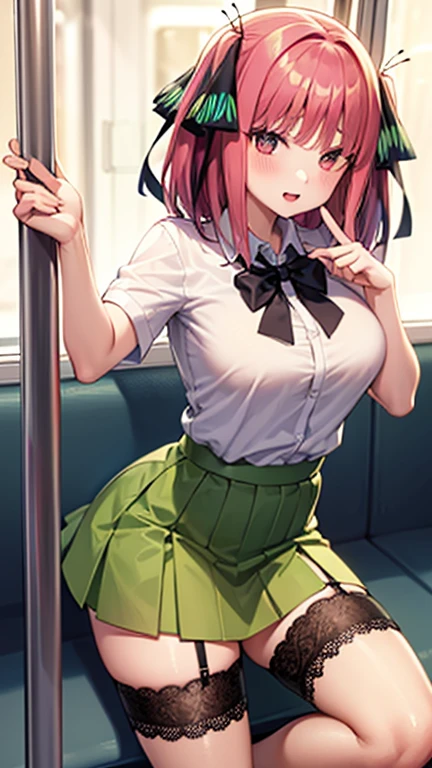 Two people、men and women、full body figure、((One Man、25age、male))、((one girl,big boobs,big boobs,perfect 5-fingered hands、mini skirt、Black panties are visible、Black Panties、shy face、Voluptuous legs、perfect thing、highest quality、big breasts、detailed description、small details、detailed face、white skin、Nino Nakano、pink heir、butterfly heir ornament、The Bride of Fifths、school uniform、white shirt、summer clothes、green skirt、lift skirt、Skirt flip、Black Lace Garter Belt、Black lace stockings))、maleがNino Nakanoのお尻を触る、netorare、ntr、on the train、trein