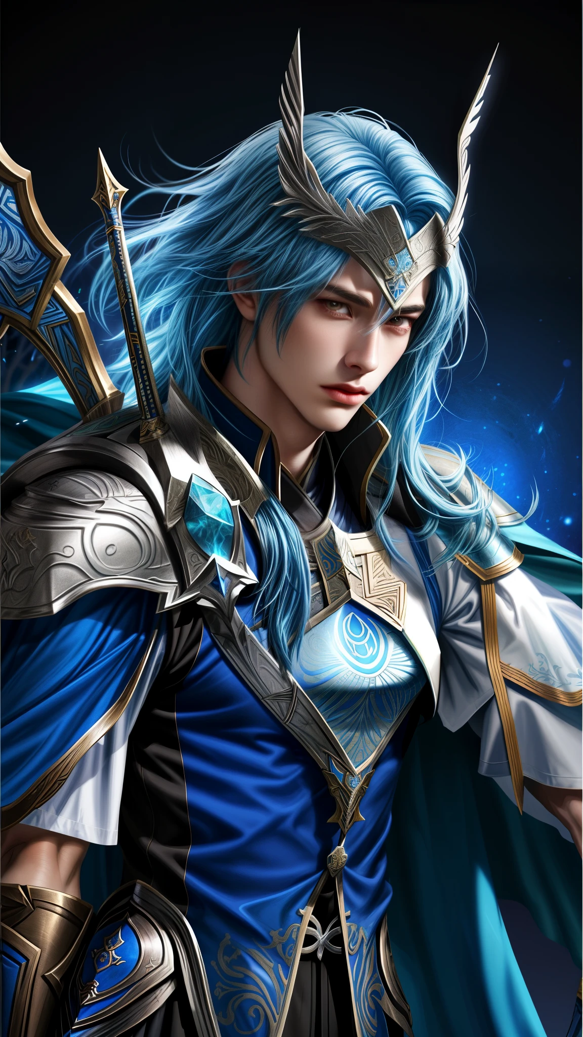 Lancelot with blue hair and a blue cape holding a sword, portrait knights of zodiac , mobile legends, heise jinyao, mystical atlantean valkyrie, xianxia hero, inspired by Huang Shen, freya, beautiful celestial mage, knights of zodiac girl, full body xianxia, ashe, kda, artgrem, astri lohne, lancelot extreme realistic