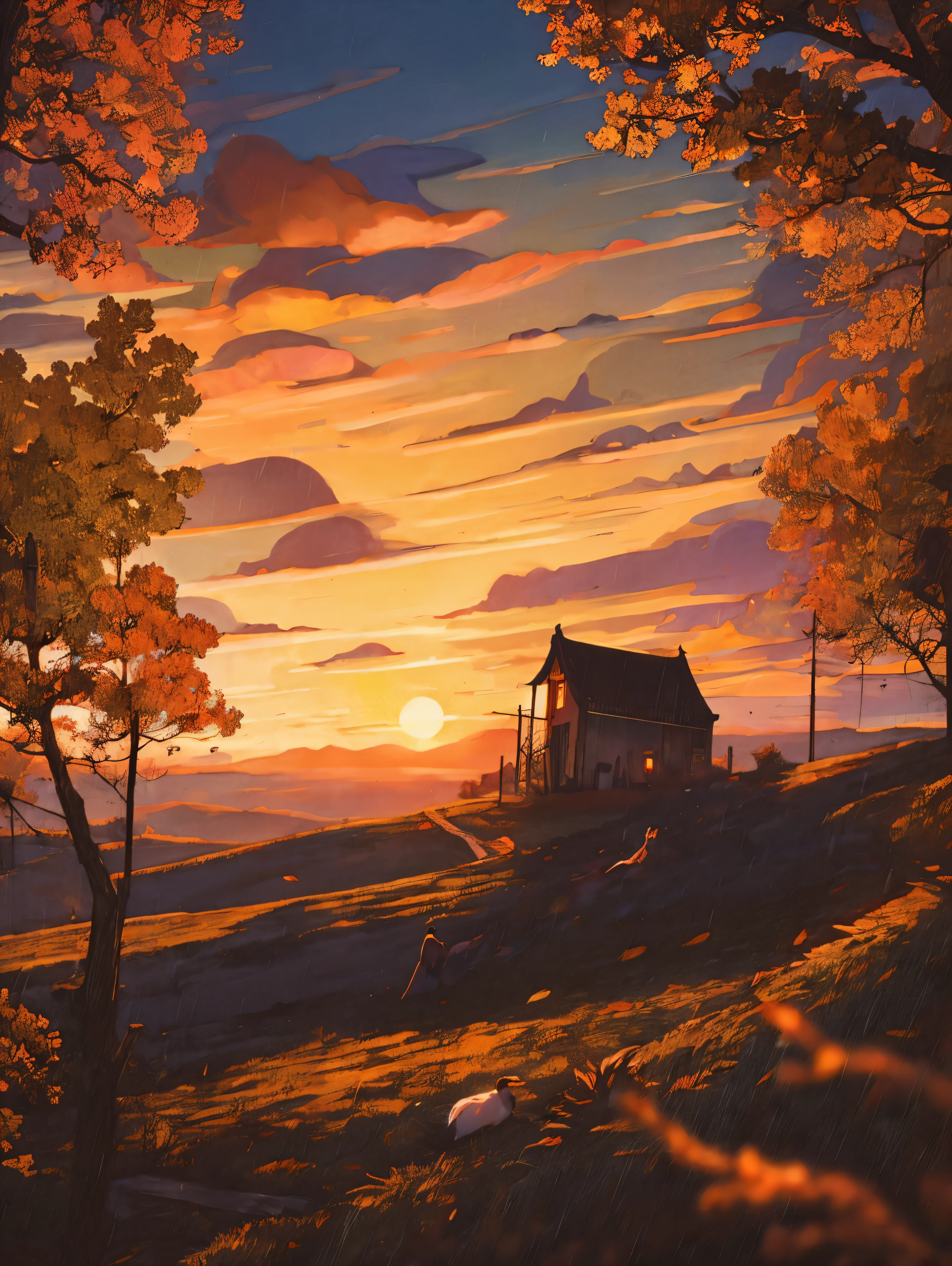 (best qualtiy:1.2),Ink landscape painting style,Autumn in the landscape of Guilin。Sunset Dusk, China,Lonely boat in the mountains,((A lonely one(Wild goose)fly in sky)),(There is no one in the picture)。