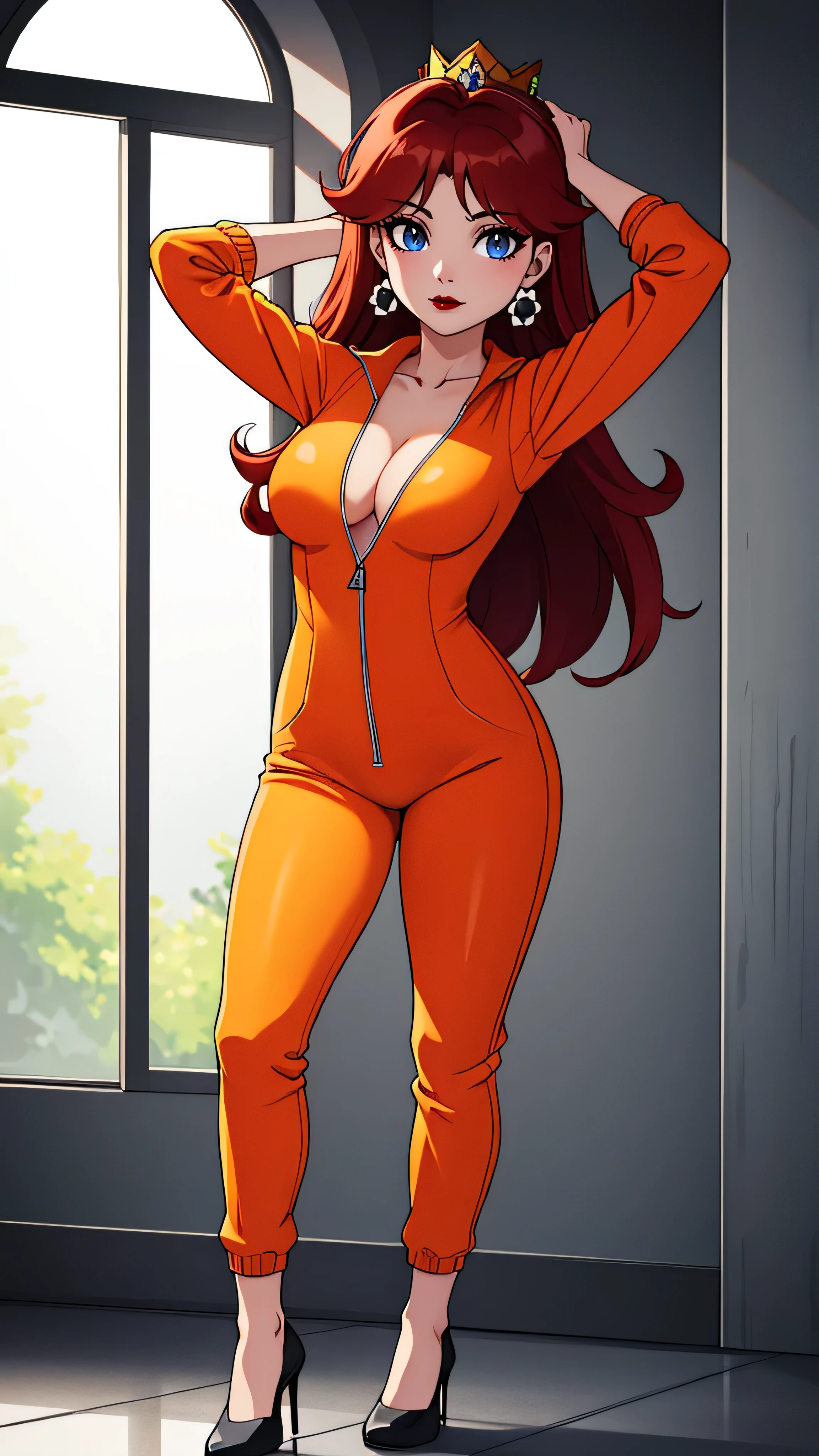 ((high detailed, best quality, 4k, masterpiece, hd:1.3)), ((best quality)), (((HD))), (((8k))), (ultraDH), (ultra HD), Shower_room_background, shower room, Soothing Shower, sunlight through the window, window, wooden room, Princess Daisy, BREAK neon blue eyes, seductive, attractive, sexy smile, smiling, smooth anime cg art, 36C_breasts, cleavage, 36C cleavage, long legs, vivid colors, detailed digital art, slim body, perfect skin, dark red hair, long red hair, dark hair, red hair, long_dark_red_hair_over_breasts, dark_red_hair_over_breast, wet hair, wet red hair, wet_dark_red_hair, wet_dark_red_hair_over_breast, BREAK crown, looking at viewer, BREAK looking at viewer, extremely detailed face, (orange and white jumpsuit), (Jumpsuit:1.5), (orange and white racing suit), (racing suit:1.5), (orange high heels), no bra, no underwear, full body, earrings, gem, dark gothic eyeshadows, dark eyeshadows, black eyeshadows, black_sexy_lips, black lips, dark lips, gothic painted lips, dark_black_lips, very dark lips, black_painted_lips, (very thin lips), thin lips, detailed lips, (dark:1.2), (perfect hands, perfect anatomy), black makeup, detailed fingers, five fingers per hand, 5 fingers, (1 girl), (solo:1.3), (breast focus), (breasts out:1.3), (hands behind head:1.3),