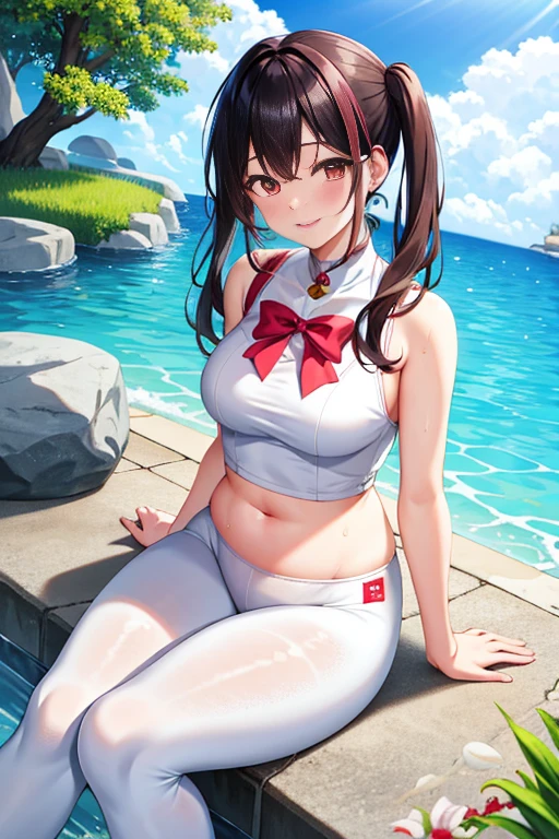 Super detailed,masterpiece,best quality,harf,View,blush blush,Yazawa Nico,red eyes, Blunt hair, 1 female、White clothes、The belly is visible,White bun hairstyle, black hair color hair、chubby、Smile、pale pink lips、Spring water,hot spring,Soaked all over,oestrus,Blushed,visible、White yoga pants,Sit with your knees folded,wet hair,messy hair