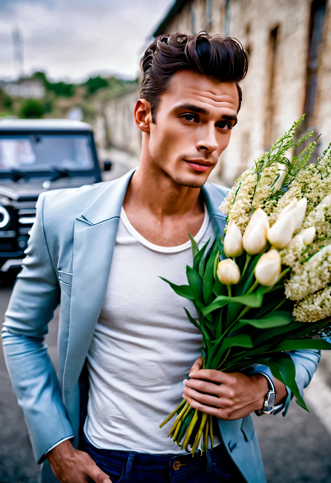 (male character design),(Very unified CG design),(whole body),(超级英俊的中国帅哥潘安的Holding a big bouquet of flowers in hand站在Mercedes-G-Class车旁),Holding a big bouquet of flowers in hand,(Pan An’s shawl hair is long and messy:1.1),(Pan An wears blue jeans, modern and fashionable:0.8),(Toned muscles),(Fresh and toned abs),(Pan An’s skin is fair and flawless)Delicious food with red lips and white teeth,The bridge of his nose is high and straight,double eyelids, bright eyes, Clear, bright, big eyes),long eyelashes,gentle melancholy,He has a tall stature、Fit in size,Exquisite facial features,sad prince,Kingly style,Noble temperament,The inspiration for playing Audrey.Hepburn,background:Mercedes-G-Class
