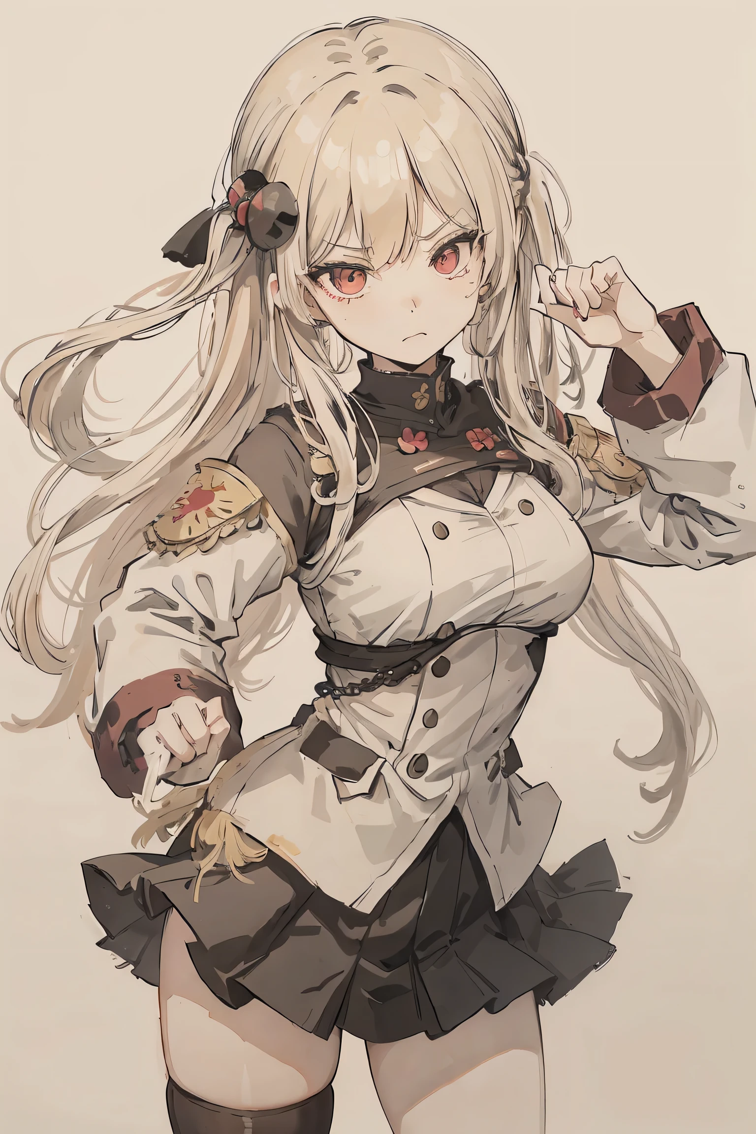sparrow, a blonde haired girl, wearing a military uniform, long hair, messy hair, black skirt, military uniform, slim body, medium breasts, she close her left eye, shirt ornament, ppai, angry face, beautiful breasts, rounded breasts, red eyes, miniskirt, praying pose