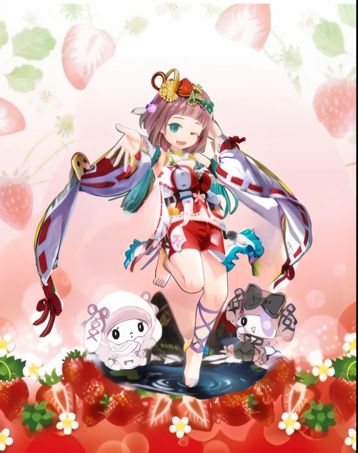 one girl、Bring your arms forward、Hand Par、Close-up of the subject's upper body、Composition of the subject seen from the front、Long Sleeve Red Turtleneck Knit、phoenix in clothes、white shorts、red hat、Gray ponytail、Pose with one arm thrust forward、