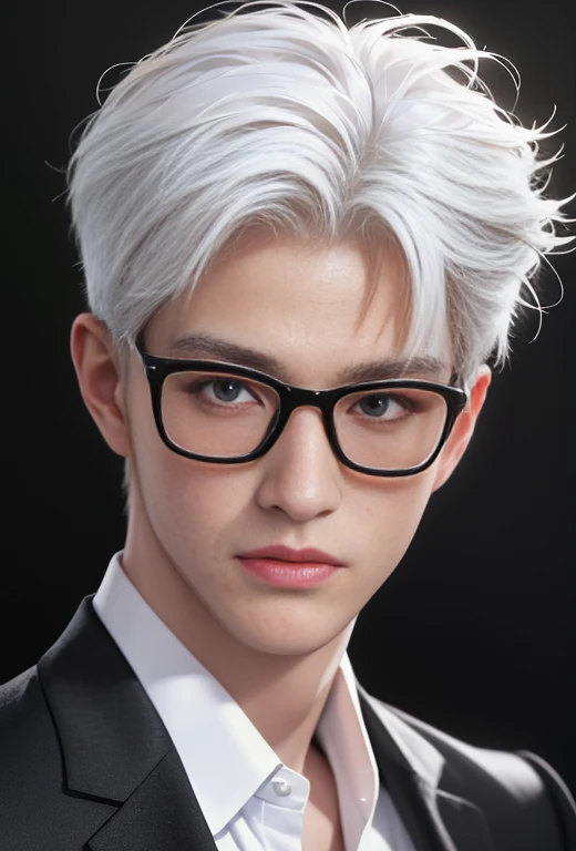 ((High quality)), ((masterpiece)), ((highly detailed)), perfect face, realistic, ((man)), ((Asian)), white hair, comma hair cut style, ((handsome)), detailed eyes, beautiful detailed nose, realistic body, realistic light, comfortable expressions, cute guy, sweat guy, cool guy, ((athletic body)), glasses