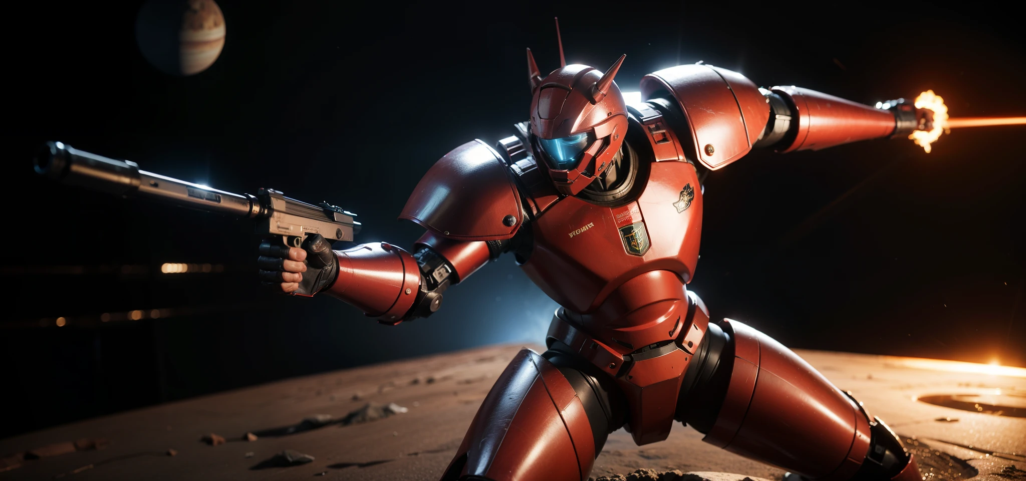 8K picture quality，,3D game texture，A red armored robot is fighting out of the screen.（2：1），Armor perfect details，The background is a space planet battlefield with a sense of depth