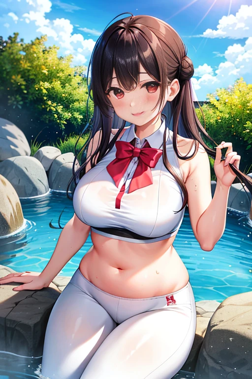 Super detailed，masterpiece，best quality，harf，View，blush blush，Yazawa Nico,red eyes, Blunt hair, 1 female、White clothes、The belly is visible，White bun hairstyle， black hair color hair、chubby、Smile、pale pink lips、Spring water，hot spring，Soaked all over，oestrus，Blushed，visible、White yoga pants，Sit with your knees folded，wet hair，messy hair