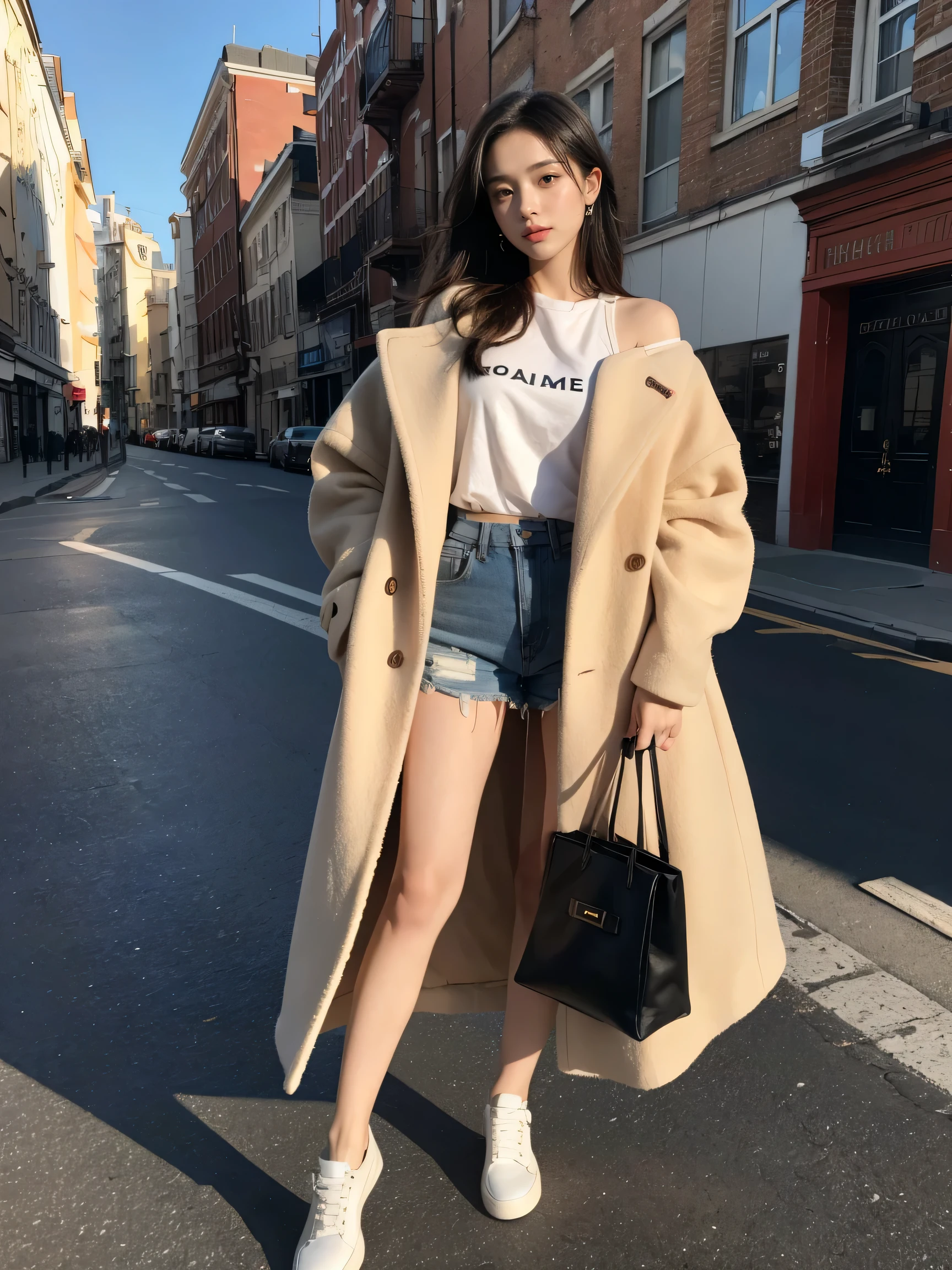 best quality,masterpiece,ultra high resolution,(actual:1.4),original photo,ultra high definition,8k,there is a girl,fashionable clothes,whole body,street,Warm