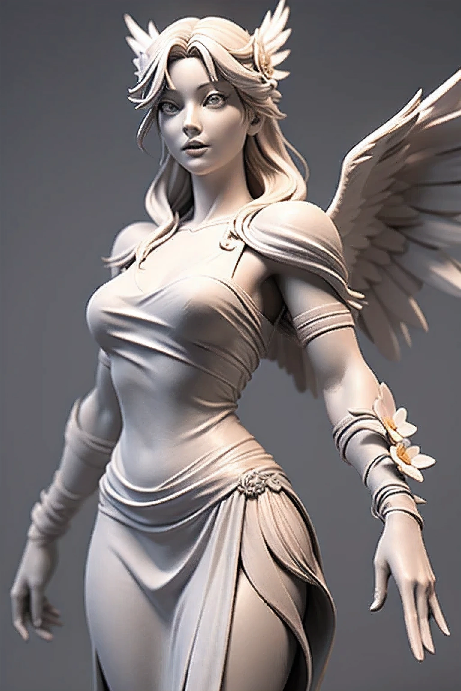 3dmm,Gray clay style,(masterpiece, best quality), Grayscale, zbxr, 1girl, solo, breasts, hair ornament, flower, hair flower, grey background, simple background, medium breasts, upper body, white eyes, dress, winged victory of samothrace