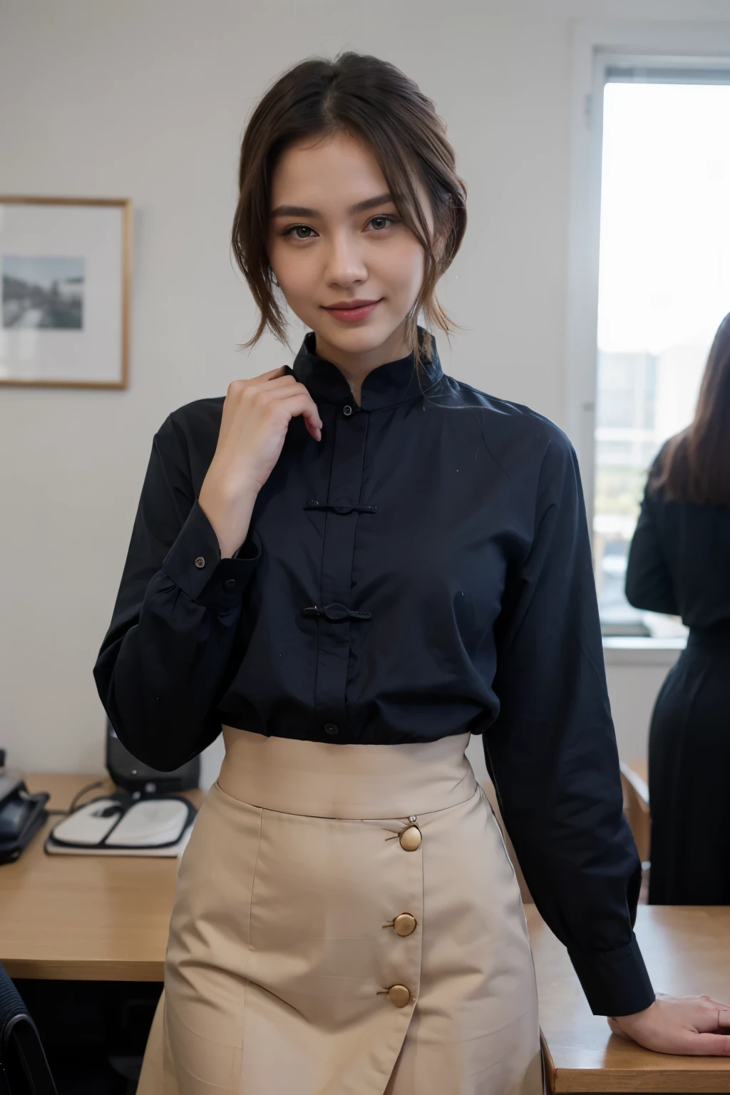 top-quality、​masterpiece、超A high resolution、(realisitic:1.4)、Beautuful Women１、Beautiful detail eyes and skin、smile、Light brown short-cut hair, She is Wearing a long navy shirt posing for a photo,  gorgeous chinese model, photo of slim girl model, IG-Modell, beautiful female model,  on the office, long navy shirt, long skirt, black suit