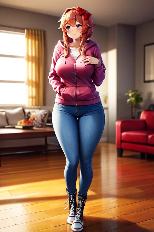 Sayori wearing a pink shirt under a red zip up hoodie, blue jeans, and red knee high lace up converse boots with round toes, Large breasts, thick thighs, cute, full body image, long hair, light blue eyes, quality images, (high quality face and body), living room, standing, blushing and embarrassed
