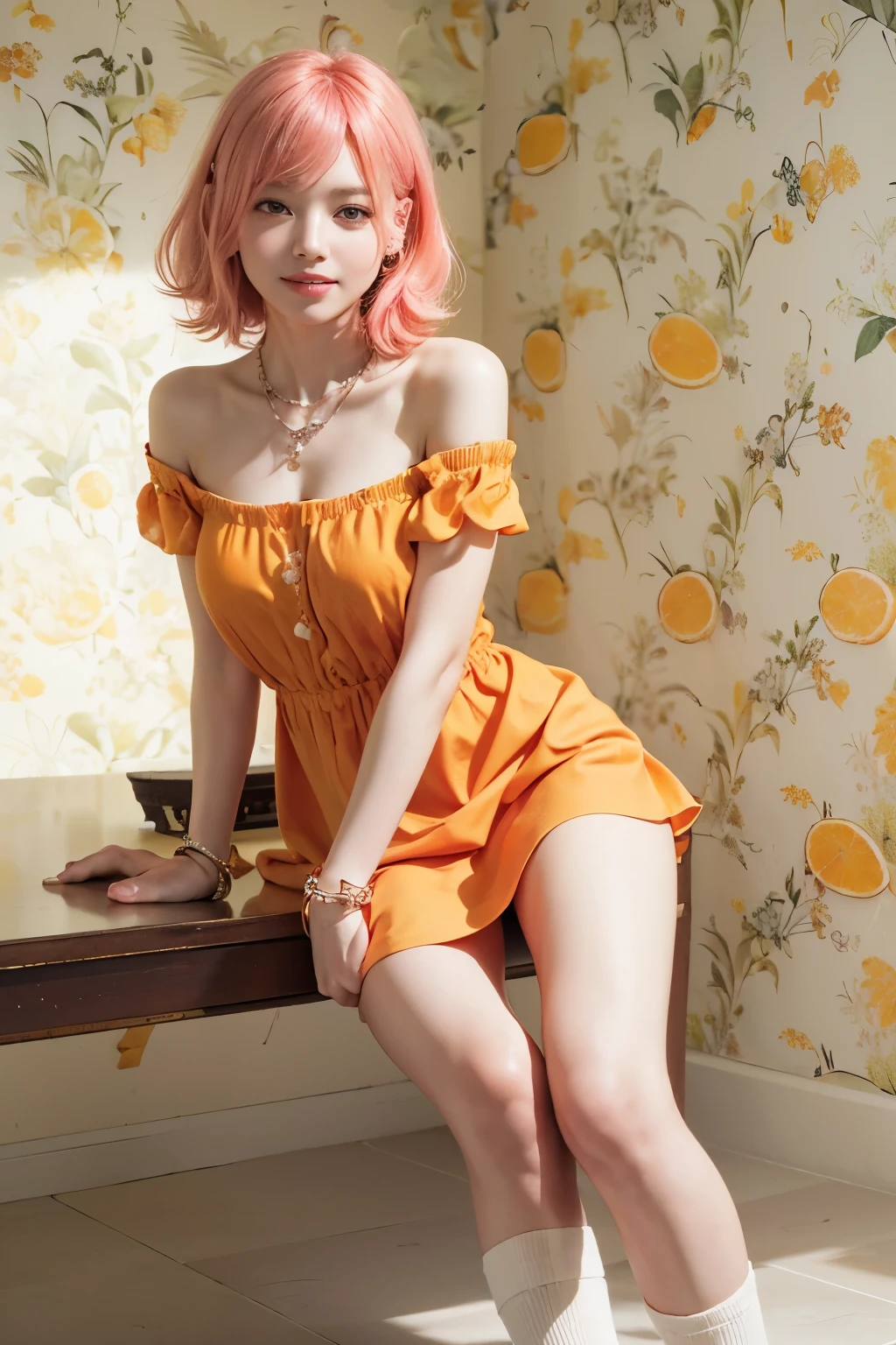 (8K, top-quality, masterpiece:1,2), (reallistic, Photorealsitic:1.37), Super Detail, One girl,), (Highly detailed), (beautifully detailed eyes), (of the highest quality), (super detailed ), (masterpiece), (Detailed face),20yr old, ,1 girl, pink hair,Very short hair, medium breasts, clothed, Perfect Lighting, pussy and breast focus, looking at viewer,  (orange dress:1.3), off shoulder, orange slice on chest, orange lace skirt, (pink hair:1.2), very short, bangs on eyes, (orange shoes:1.2), pumps, (white socks:1.2), knee length, lace and ribbon, (orange accessories:1.2), beads earrings, beads necklace, bangle, smiling, showing teeth, right hand on waist, left hand behind head, right leg forward, left leg back, leaning slightly, (citrus wallpaper:1.2), orange, lemon, light orange, (light:1.2), from left top, bright and warm, shadow on face and dress, reflection on fruits
