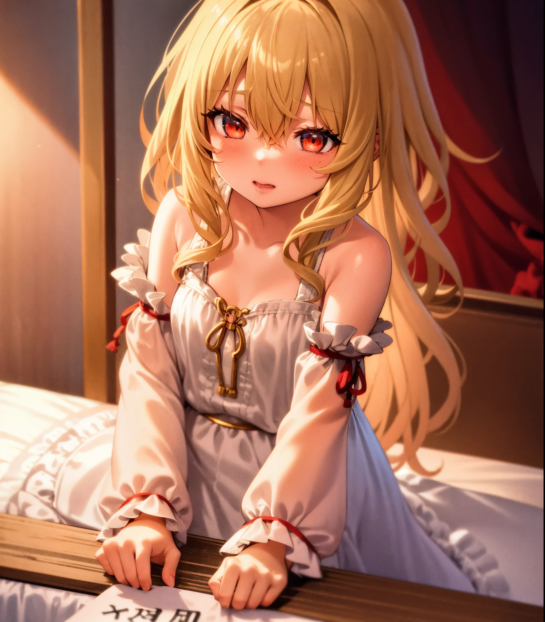 sitting on the table, best quality best, 1 girl in the room,Long blonde hair on the side、Bedroom Background、and colorful feathers、The upper body is slightly bare.、ＨChest Cup、red blush, white dress,Golden eyes mixed with brown,Beautiful fingers,Medium bust