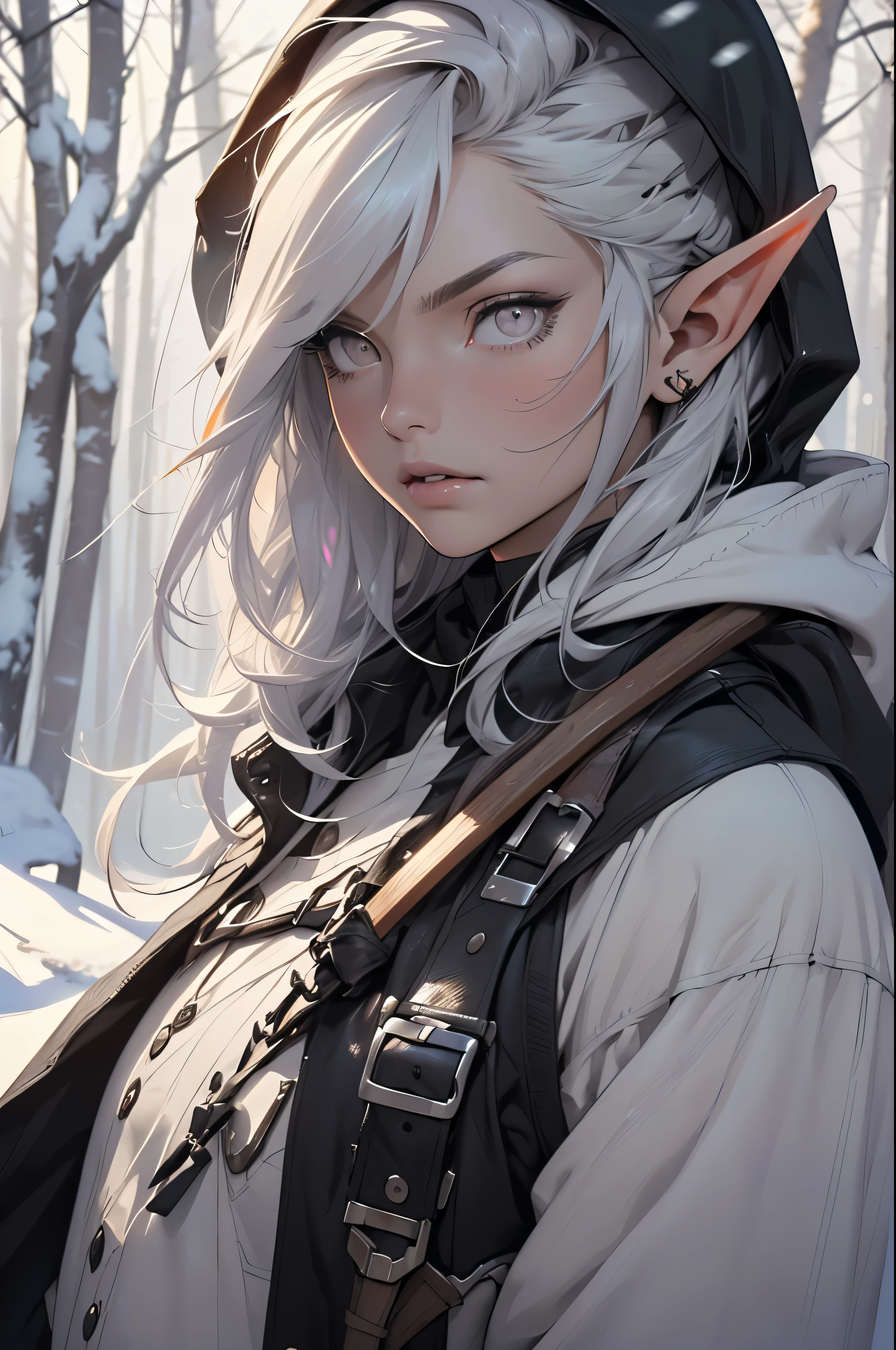 dark elf male,male:1.5,1 male, (male,muscle,1 boy, 1 boy,breast,male breast,Muscular), 45 year old male,((1male,1 male,1male,male,male gender :1.5,handsome male,male focus)),(((elf))), (((elf ears))), high elf, light elf, pointed ears, (((pale_grey_eyes:1.3))), difficult eyes ,beautiful detailed eyes,symmetrical eyes,(bright skin), (multicolored hair,gradient from black to white:1.4), young handsome male,perfect body,perfect face,((Detailed face)), expressive eyes,serious face,(ultra detailed:1.3), beautiful detailed glow, finely detailed, ultra detailed, (light armour, coat, thermal underwear, archer, ranger, (violet e.g with hood: 1.2, violet_e.g, hood)),((difficult outfit,difficult clothes)),((quiver of arrows :1.5,quiver of arrows:1.5)), (dynamic pose:1.0),mocking serious attitude,(Centered,scaled to size,Rule of thirds), ((snowy pine forest at night)),with dark storm clouds,winter,landse.g:1.25 ,((Snowy forest background)),Christmas tree,a high resolution,Sharp Focus,(ultra detailed,extremely detailed),(photorealistic work:1.37),(extremely detailed CG unity 8k wallpaper),(((bright colors,A striking theme ))),(difficult),(masterpiece),(Best quality)