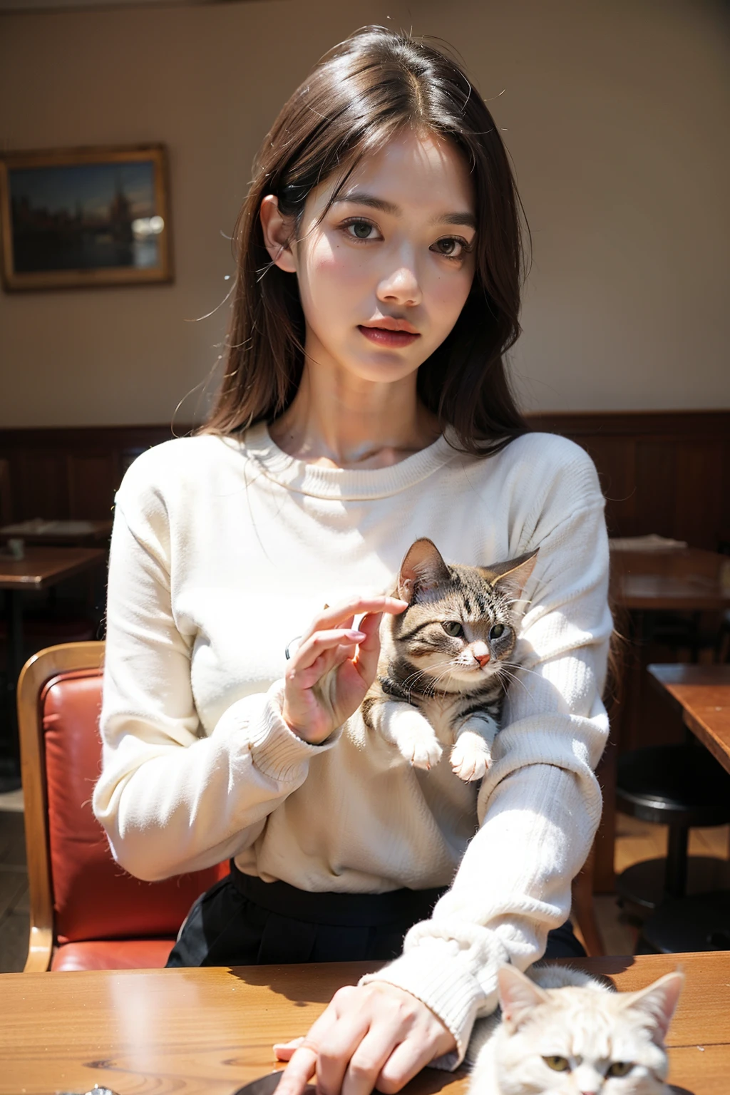 ((best quality)), ((masterpiece)), (detailed), Background in café,Girl plays with a cat again,long sleeve work