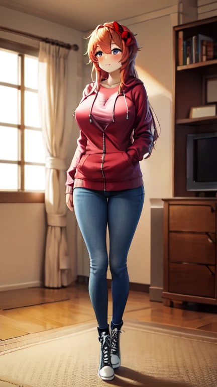 Sayori wearing a red zip up hoodie, blue jeans, and red knee high lace up converse boots with round toes, Large breasts, thick thighs, cute, full body image, long hair, light blue eyes, quality images, (high quality face and body), living room, standing, blushing and embarrassed