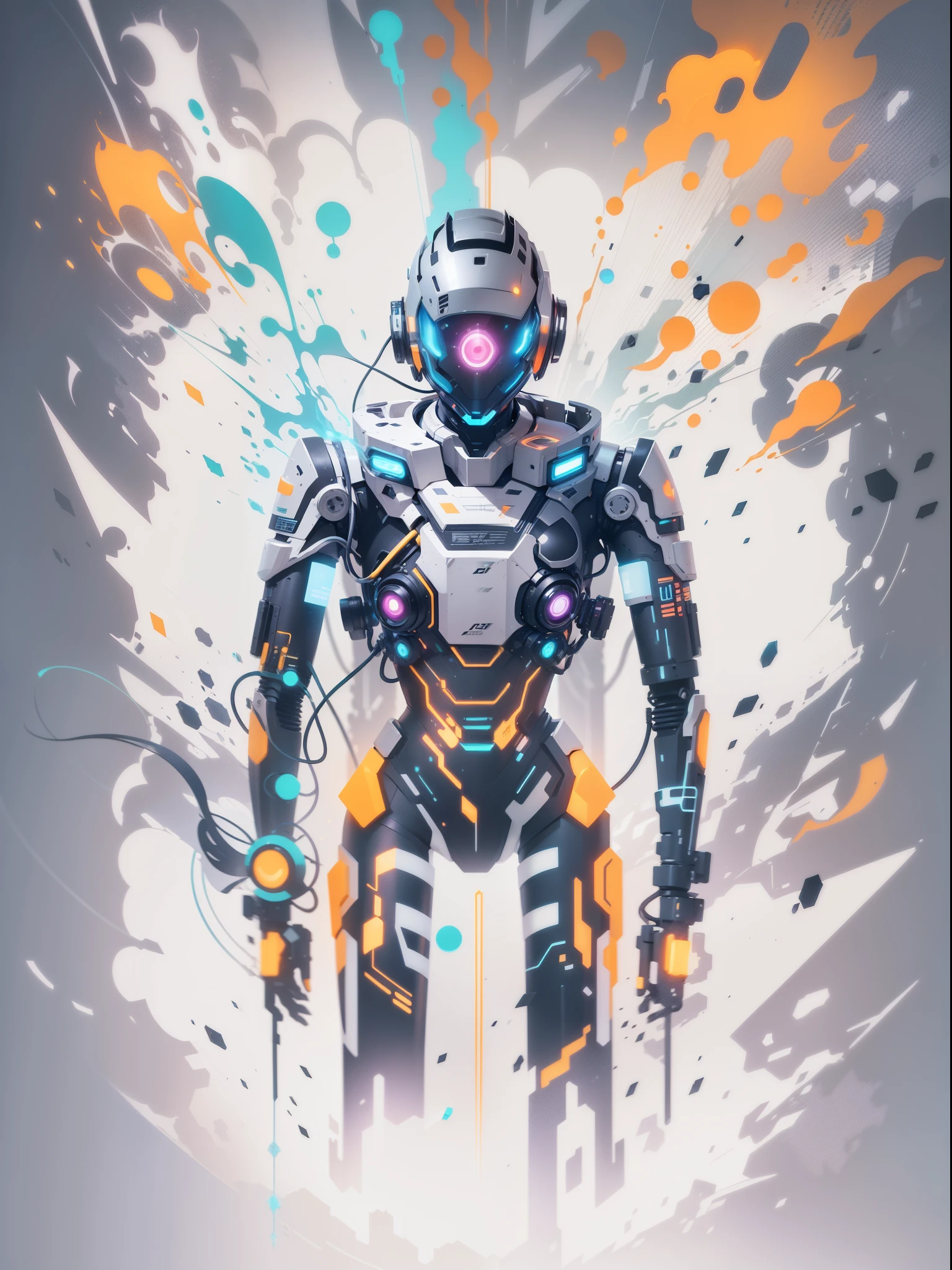 graphic design t-shirt, flat design, futuristic cyberpunk robot in mix of tones, topless,, sexy body, topless, flashing , big , metal skin,metal nipples, laser beams, purple emissive eyes, colorful tones, clean highly detailed, vector image, smoke explosion, simple background, flat white background, bright vector ((white background) )