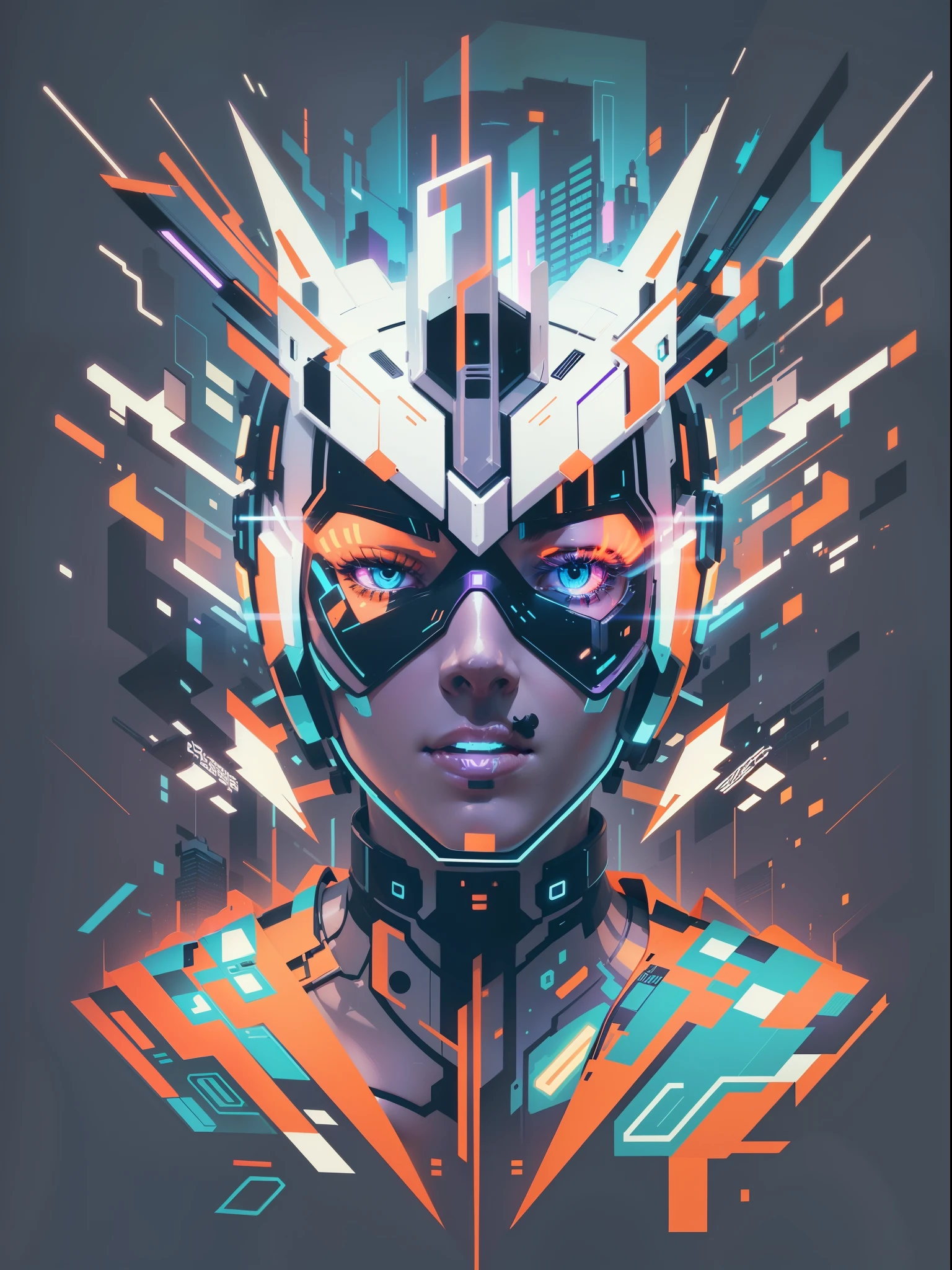 graphic design t-shirt, flat design, futuristic cyberpunk robot in mix of tones, topless,, sexy body, topless, flashing , big , metal skin,metal nipples, laser beams, purple emissive eyes, colorful tones, clean highly detailed, vector image, smoke explosion, simple background, flat white background, bright vector ((white background) )
