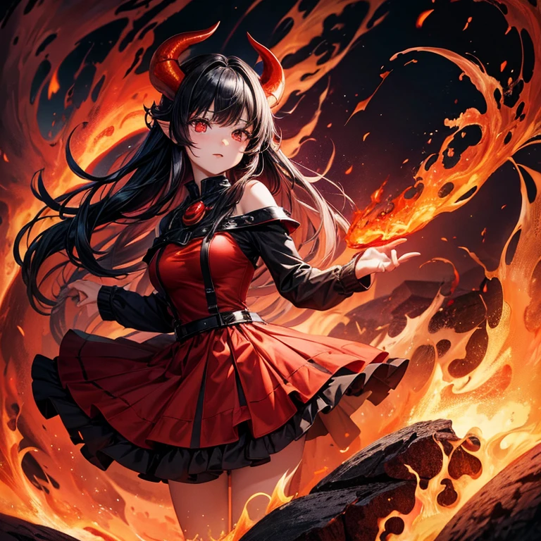 Girl, black hair, red eyes, little red horns, wearing a dress made of flames, in a lava biome, vibrant colours, ultra detailed, high resolution