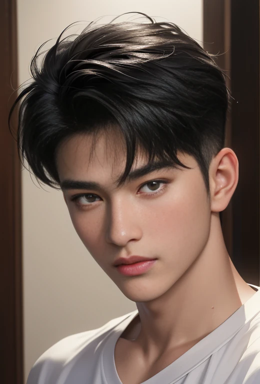 ((High quality)), ((masterpiece)), ((highly detailed)), perfect face, realistic, ((man)), ((Asian)), black hair, comma hair cut style, ((handsome)), detailed eyes, beautiful detailed nose, realistic body, realistic light, comfortable expressions, cute guy, sweat guy, cool guy, ((athletic body))