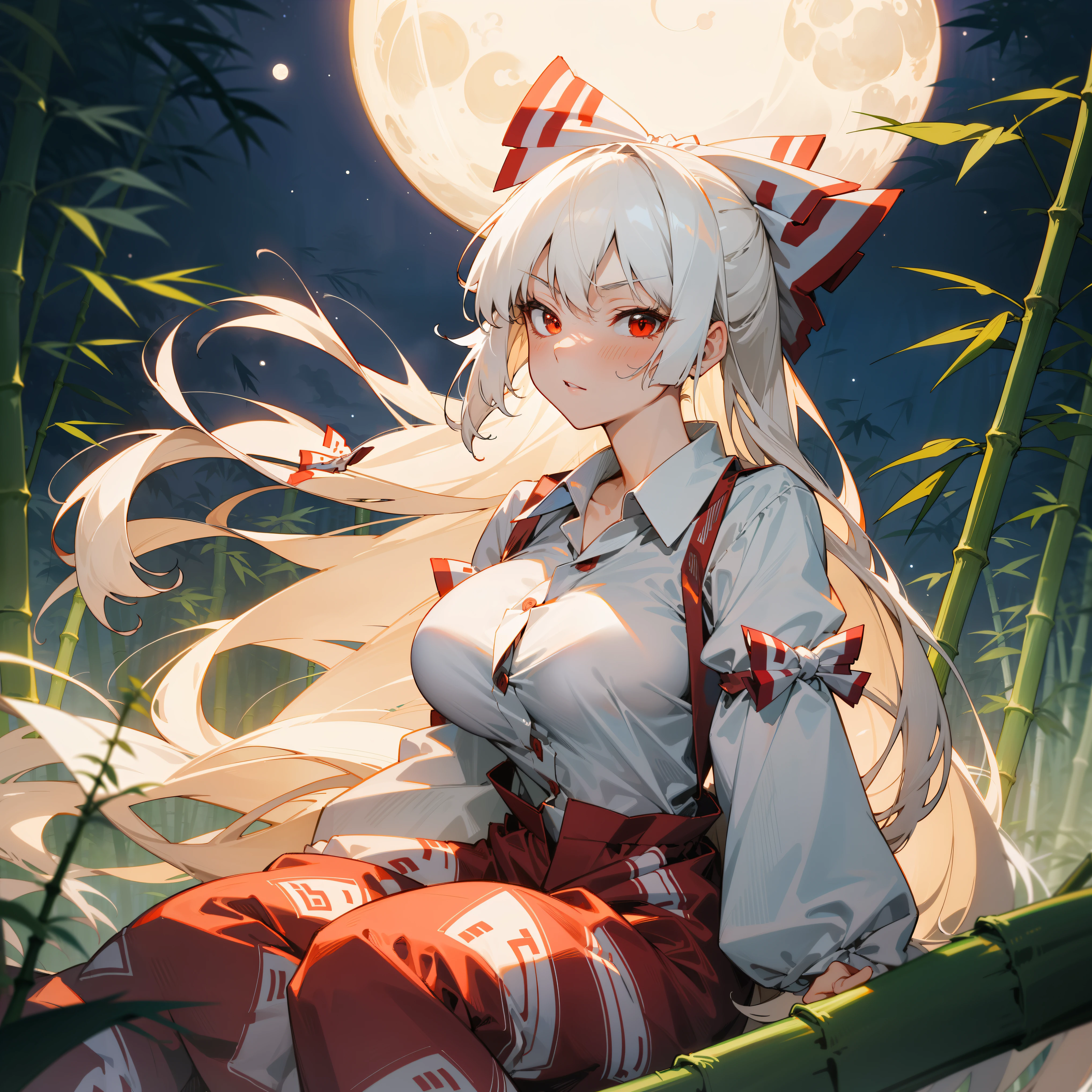 Fujiwara no Mokou(from Touhou) in bamboo forest. She has big tits. She has white hair, red eyes.  She's wearing a white shirt, sit, night, hair ribbons, moon, perfect anatomy, moon