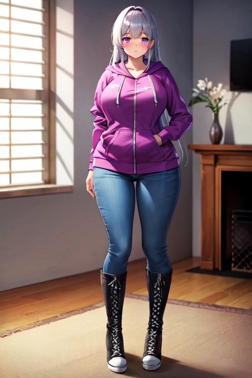 5 foot 5 inch Anime girl wearing a purple shirt under the red zip up hoodie, blue jeans, and black knee high lace up converse boots with round toes, Large breasts, thick thighs, cute, full body image, silver long hair, purple eyes, quality images, (high quality faces), living room, standing, blushing and embarrassed