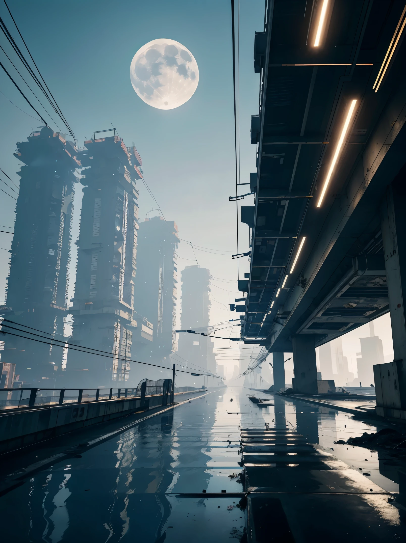 (Cyberpunk landscape), (Zen, Amy Sol style), (moonlight, abandoned computer wetware factory, biopunk interface, footbridges, elevated trains, cables, conduits, powerlines, construction towers, tunnels), cover art with light abstraction, abstract, simple vector art, contemporary Cyberpunk art, color gradients, soft color palettes, layered forms, whimsical animation, style Ethereal abstract, 4K, --v6