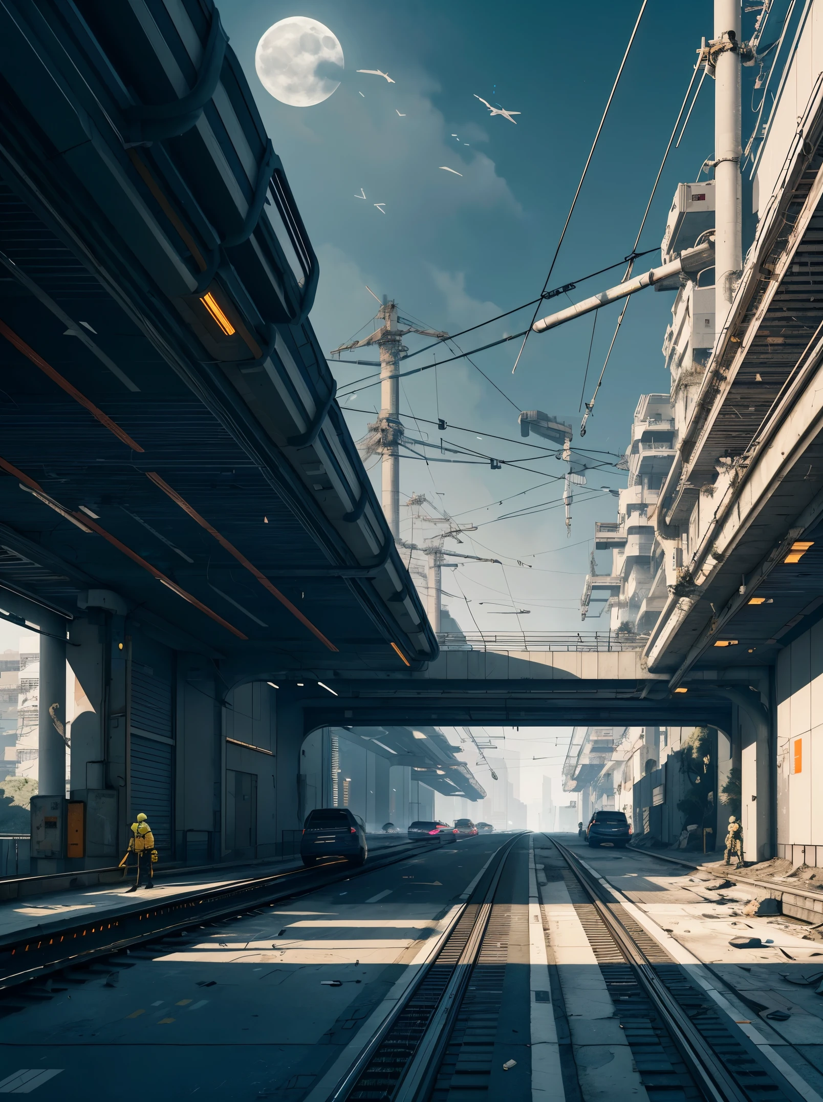 (Cyberpunk landscape), (Zen, Amy Sol style), (moonlight, abandoned computer wetware factory, biopunk interface, footbridges, elevated trains, cables, conduits, powerlines, construction towers, tunnels), cover art with light abstraction, abstract, simple vector art, contemporary Cyberpunk art, color gradients, soft color palettes, layered forms, whimsical animation, style Ethereal abstract, 4K, --v6
