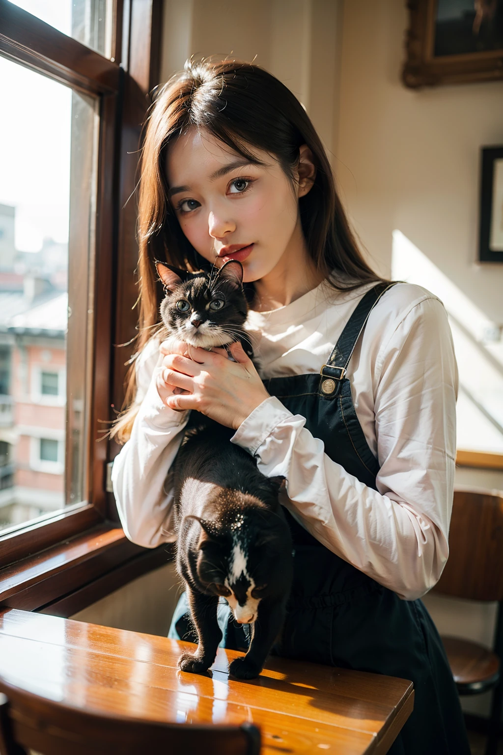 ((best quality)), ((masterpiece)), (detailed), Background in café,Girl plays with a cat again,long sleeve work