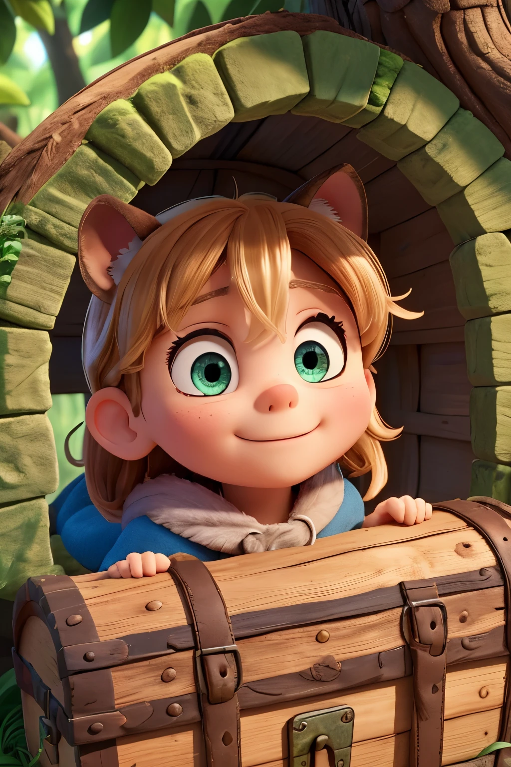 Boy Tommy and a squirrel, their eyes gleamed with excitement as they unlocked an ancient treasure chest in a lush, hyper-realistic forest, rendered in 8k ultra HD, bursting with vibrant colors and intricate details, reminiscent of Pixar and Disney Style animations, crafted meticulously with Cinema 4D. The sun filtered through the leaves above, casting dappled shadows on their eager faces as they peeked inside, ready to uncover the mysteries that lay within. --ar 3:2 --s2-imagine
