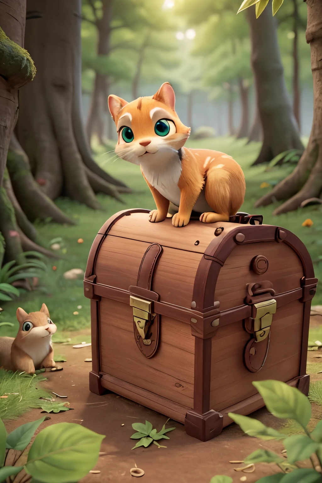 Boy Tommy and a squirrel, their eyes gleamed with excitement as they unlocked an ancient treasure chest in a lush, hyper-realistic forest, rendered in 8k ultra HD, bursting with vibrant colors and intricate details, reminiscent of Pixar and Disney Style animations, crafted meticulously with Cinema 4D. The sun filtered through the leaves above, casting dappled shadows on their eager faces as they peeked inside, ready to uncover the mysteries that lay within. --ar 3:2 --s2-imagine